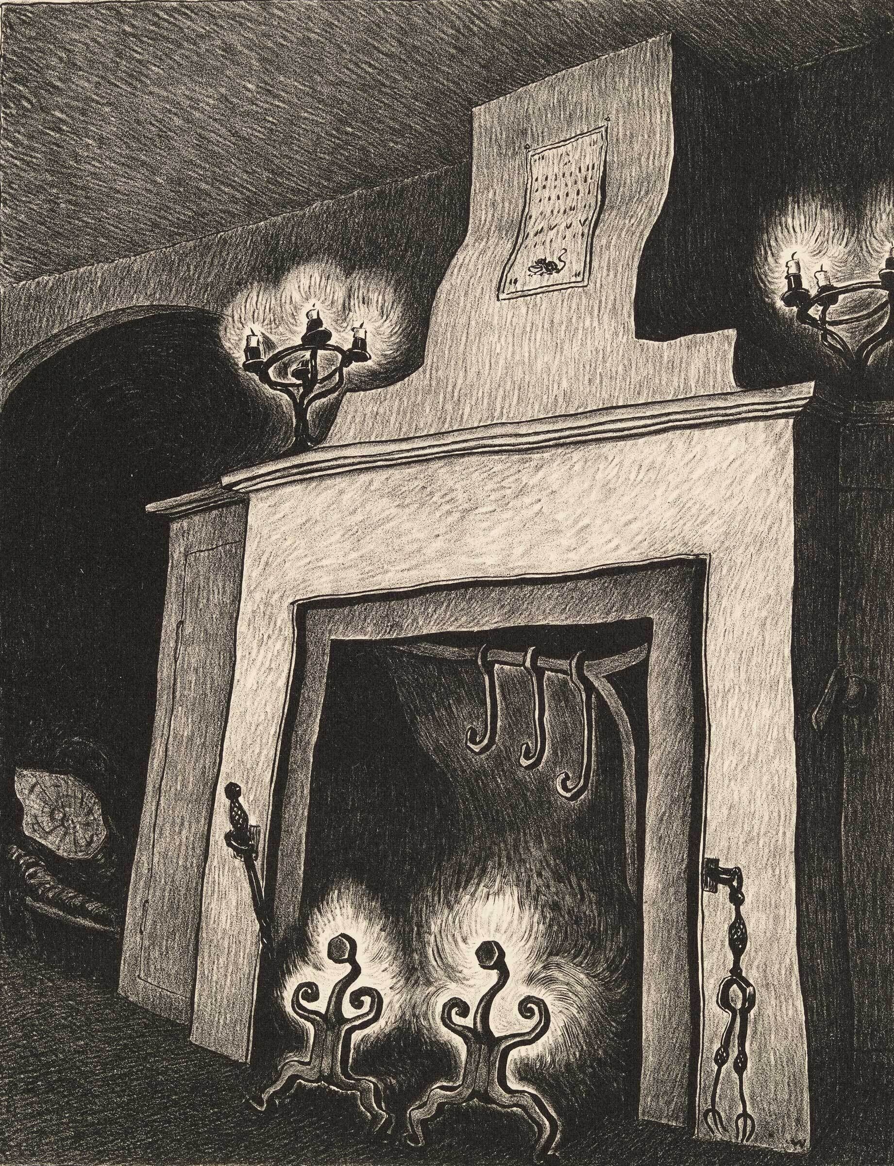 An etching of a whimsical fireplace with anthropomorphic flames dancing in the hearth and shadowy wall sconces.