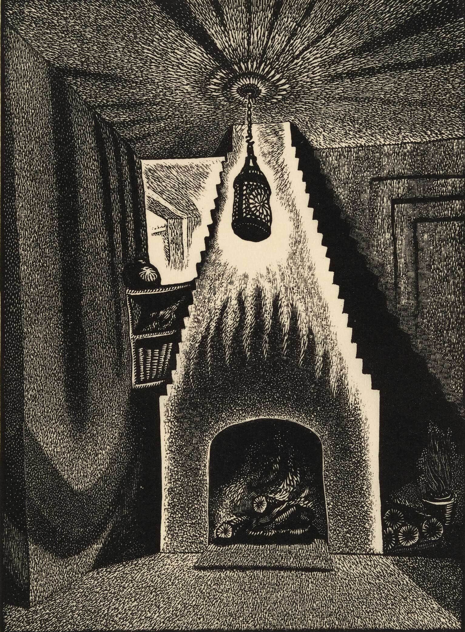 Intricate black and white illustration of a room with a radiant light fixture, arched fireplace, and detailed patterns.