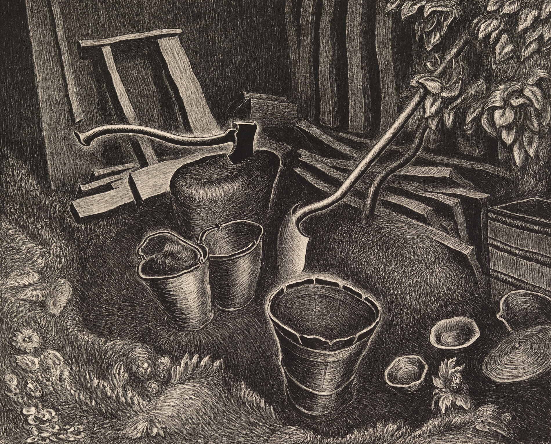 Detailed black and white etching of garden tools and objects, including buckets, a watering can, and a broken chair.