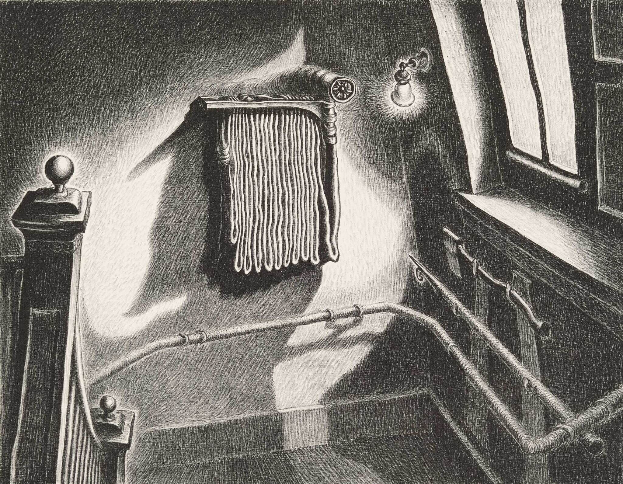 Monochrome artwork of a surreal, gravity-defying room with a staircase, window, and hanging tassel.