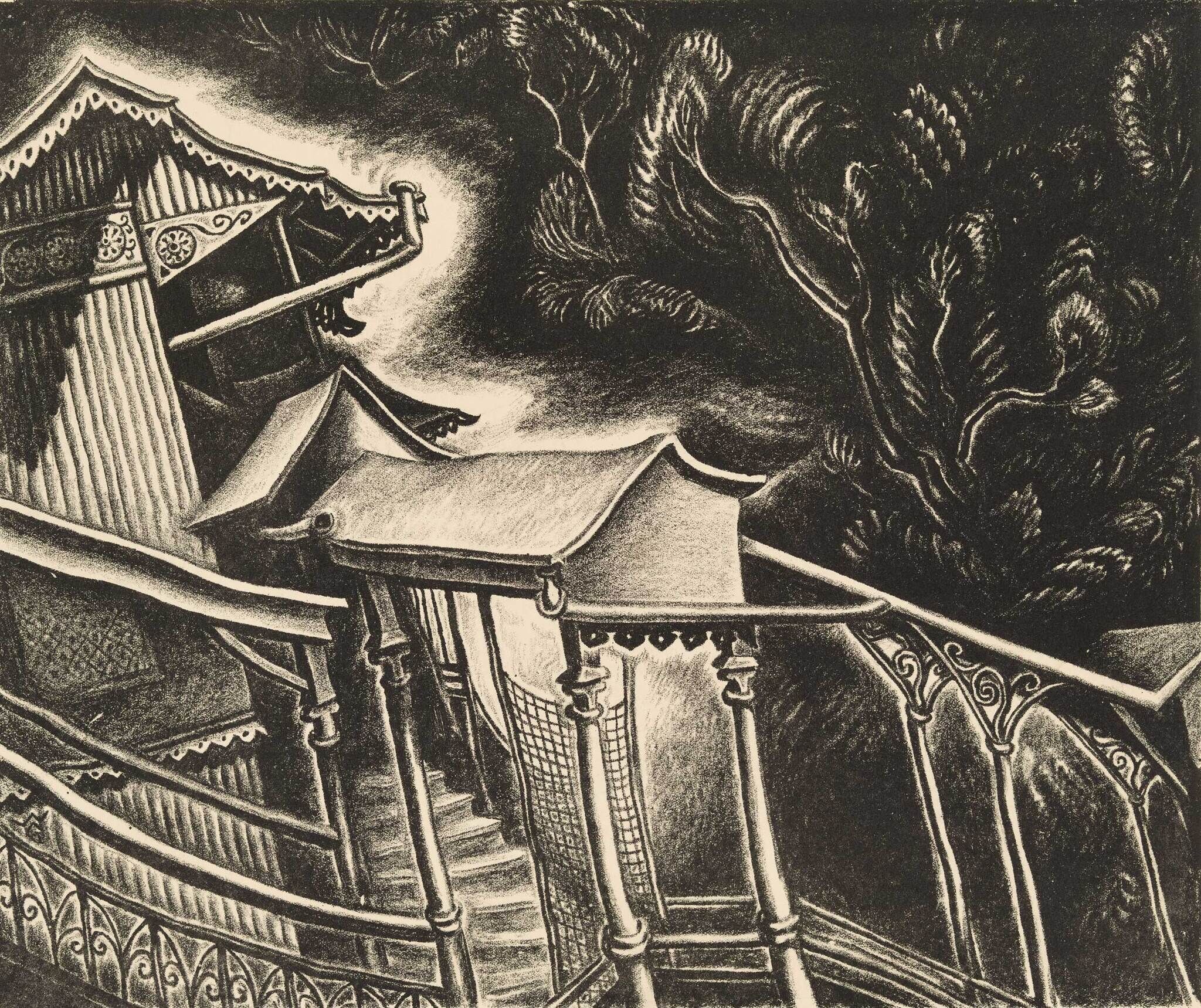 Monochrome etching of an ornate staircase and traditional buildings with intricate details, surrounded by dark, swirling trees.