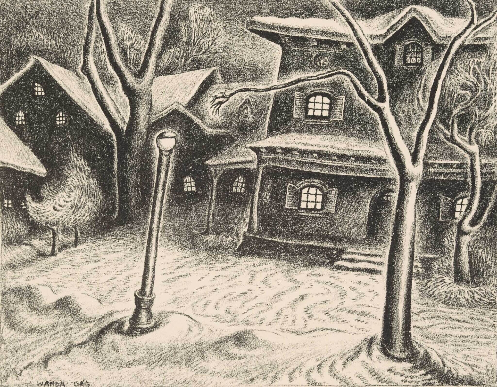 Pencil sketch of a whimsical, snowy street scene with distorted trees and houses, and a glowing streetlamp.