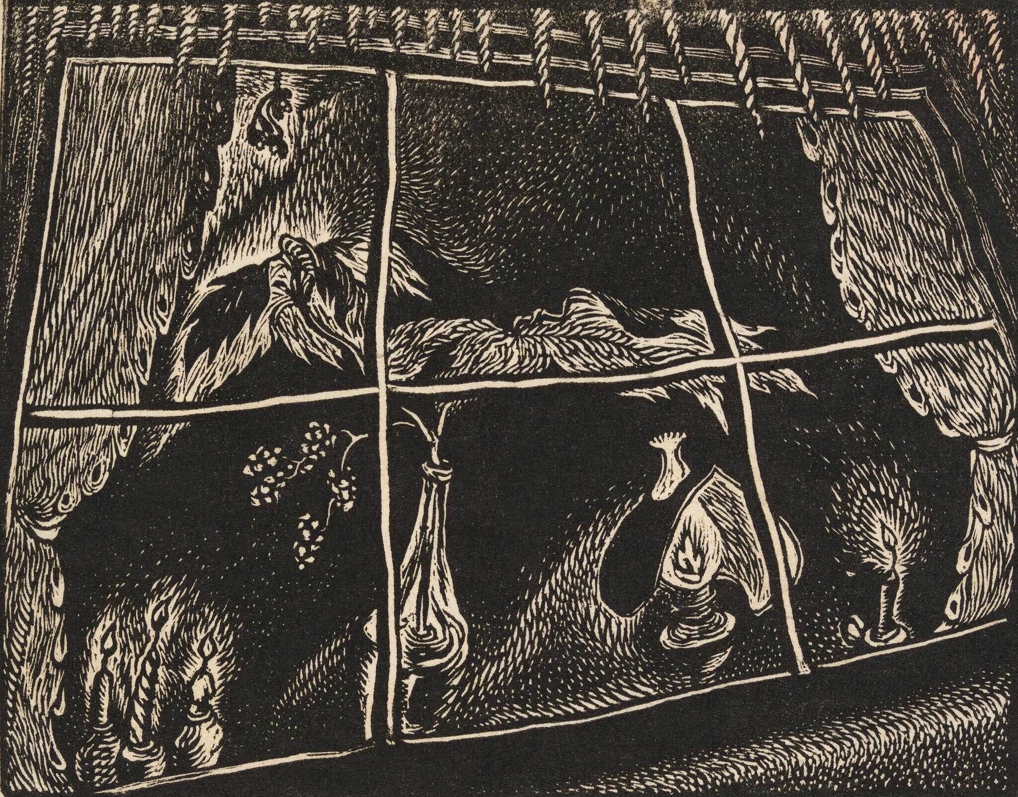Woodcut-style illustration of a window with a view of a stormy night, an oil lamp, and billowing curtains.