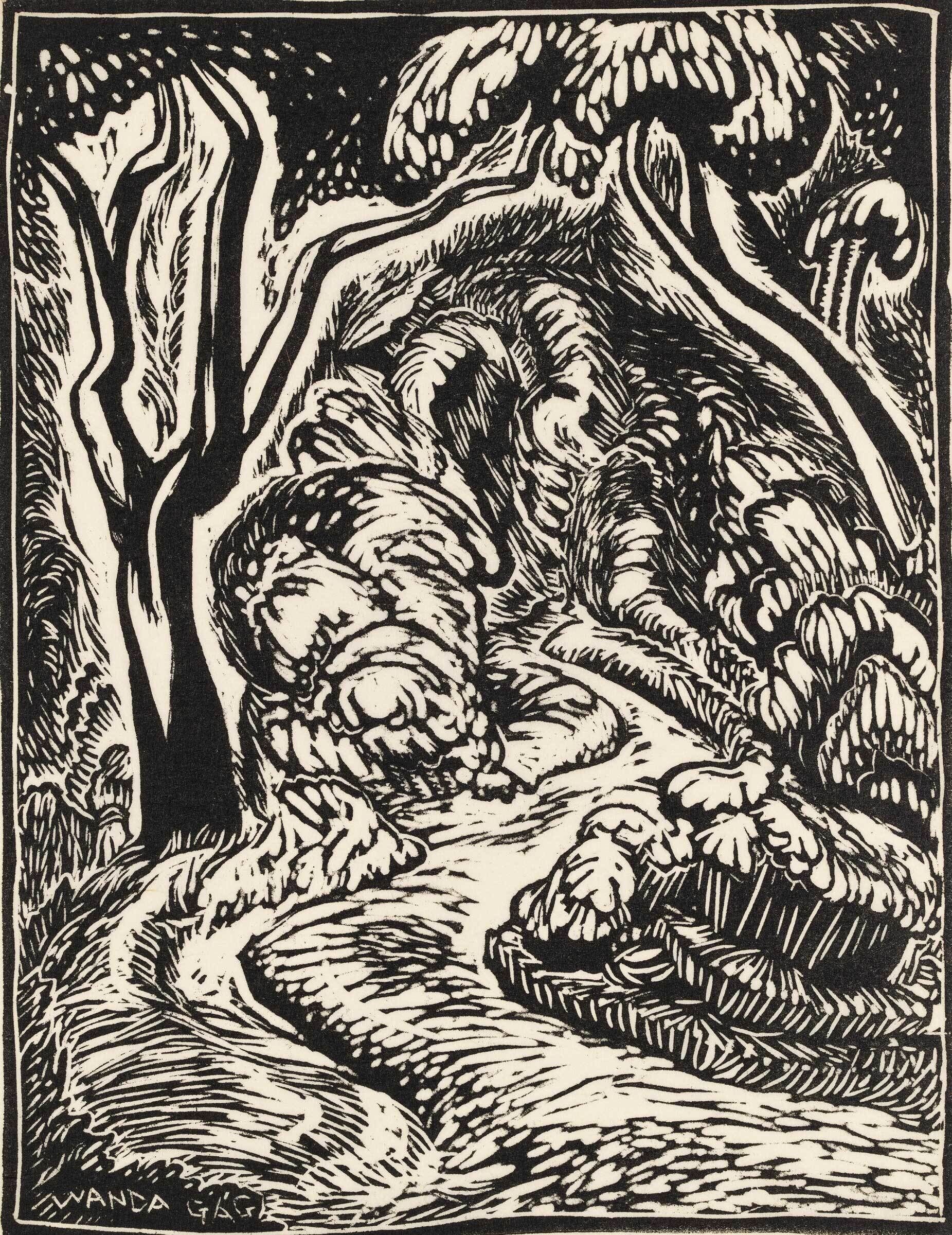 Black and white woodcut of a stylized forest scene with bold lines and contrasting patterns, signed by Wanda Gág.