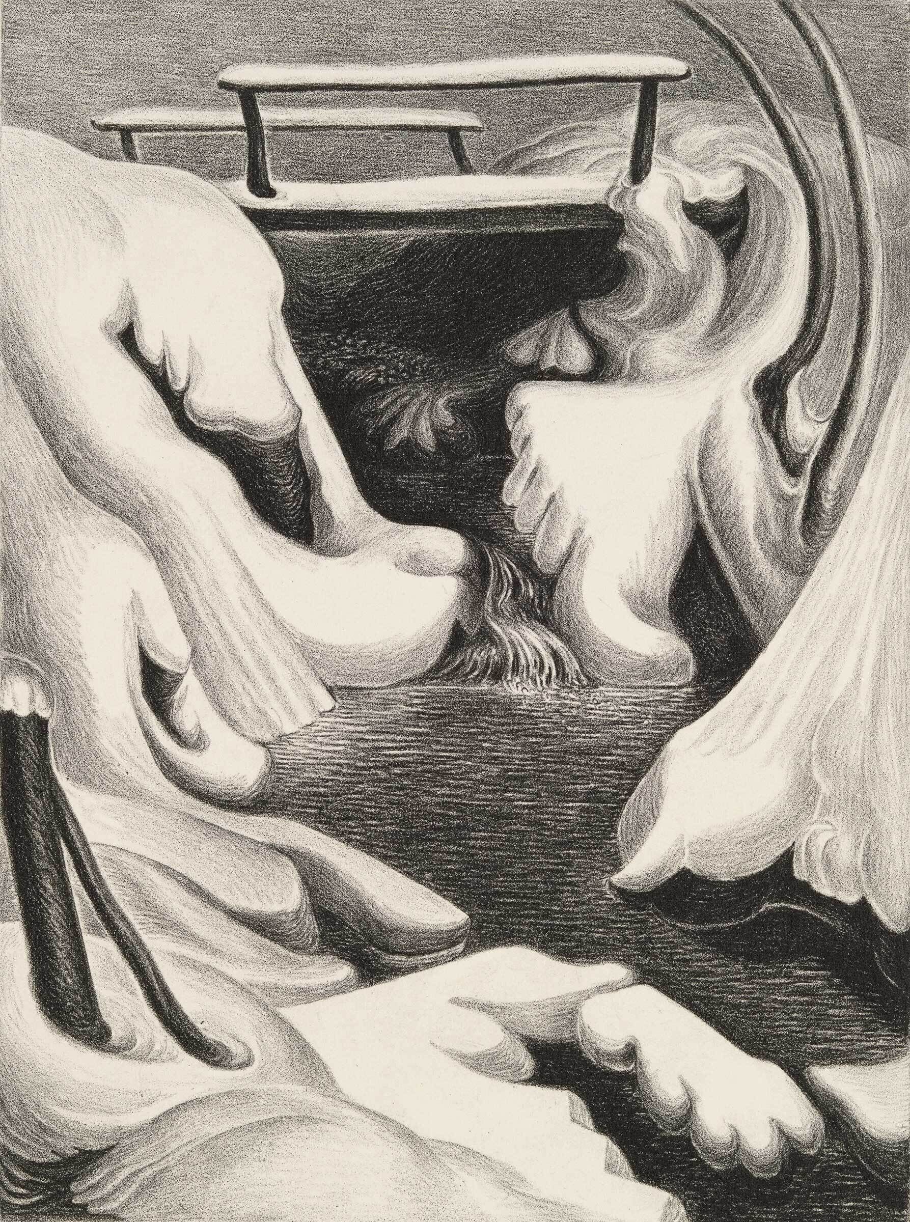Surreal pencil drawing of distorted figures and objects with flowing lines and contrasting textures.
