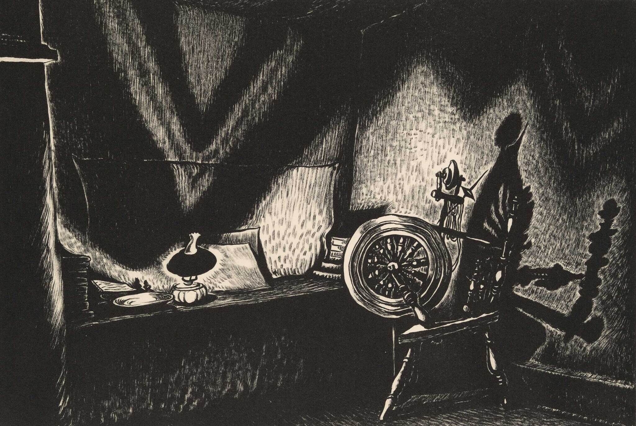 Monochrome etching of a dimly lit room with a spinning wheel, oil lamp on a table, and a shadowy figure standing by the window.