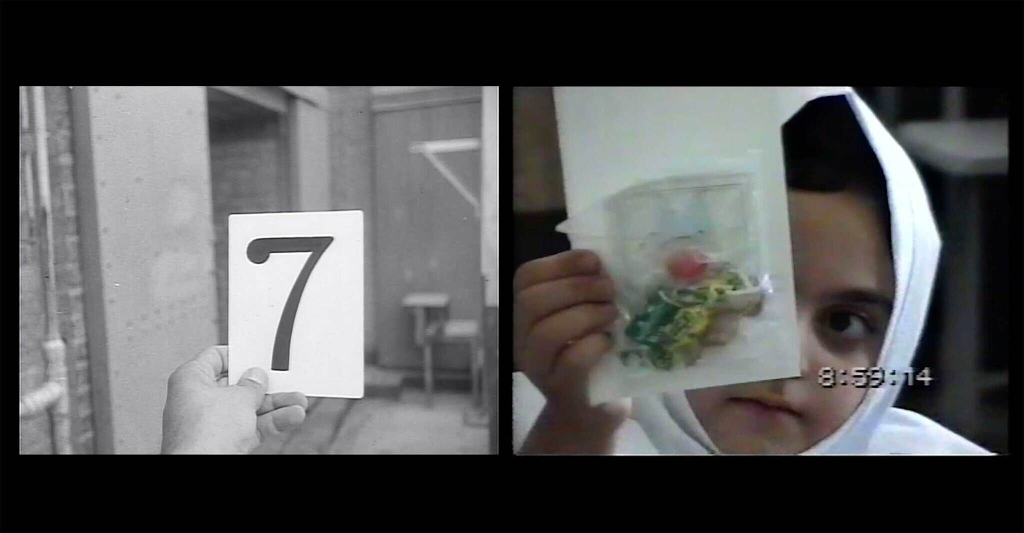 Split screen with a hand holding a number 7 card on the left and a child in a hood showing a bag with colorful contents on the right.