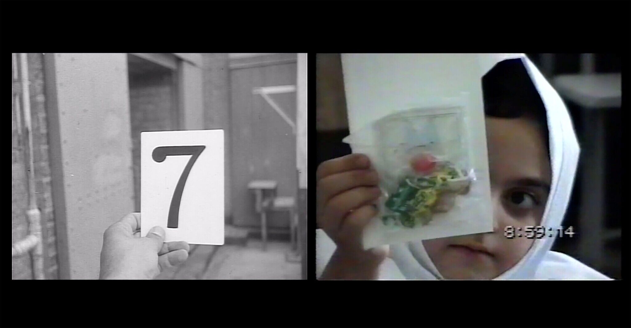 Split screen with a hand holding a number 7 card on the left and a child peeking from behind a clear bag on the right.