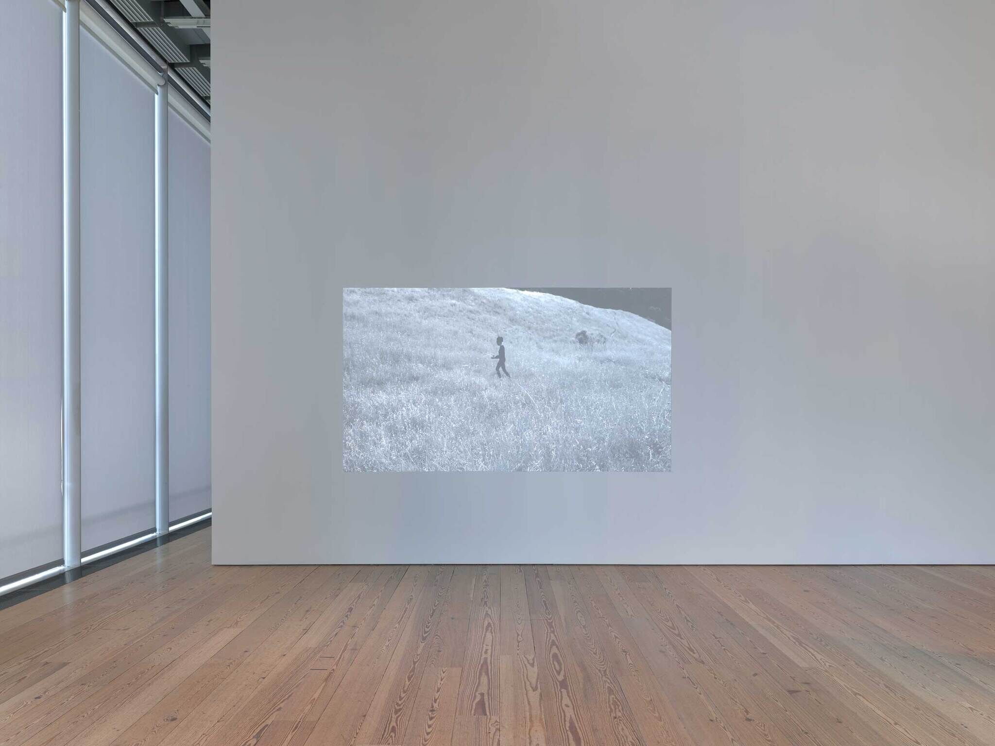 A monochrome photo of a lone figure in a field displayed in a modern gallery with wooden floors and white walls.