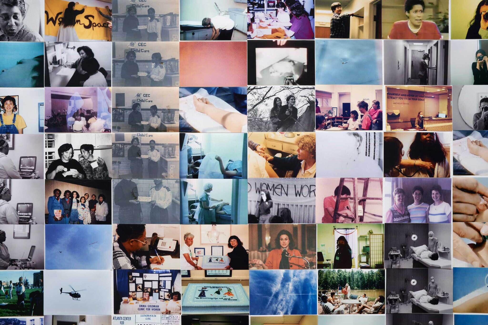 A grid of snapshots in color and black-and-white depict women in a variety of different spaces including reception areas and medical treatment rooms. 