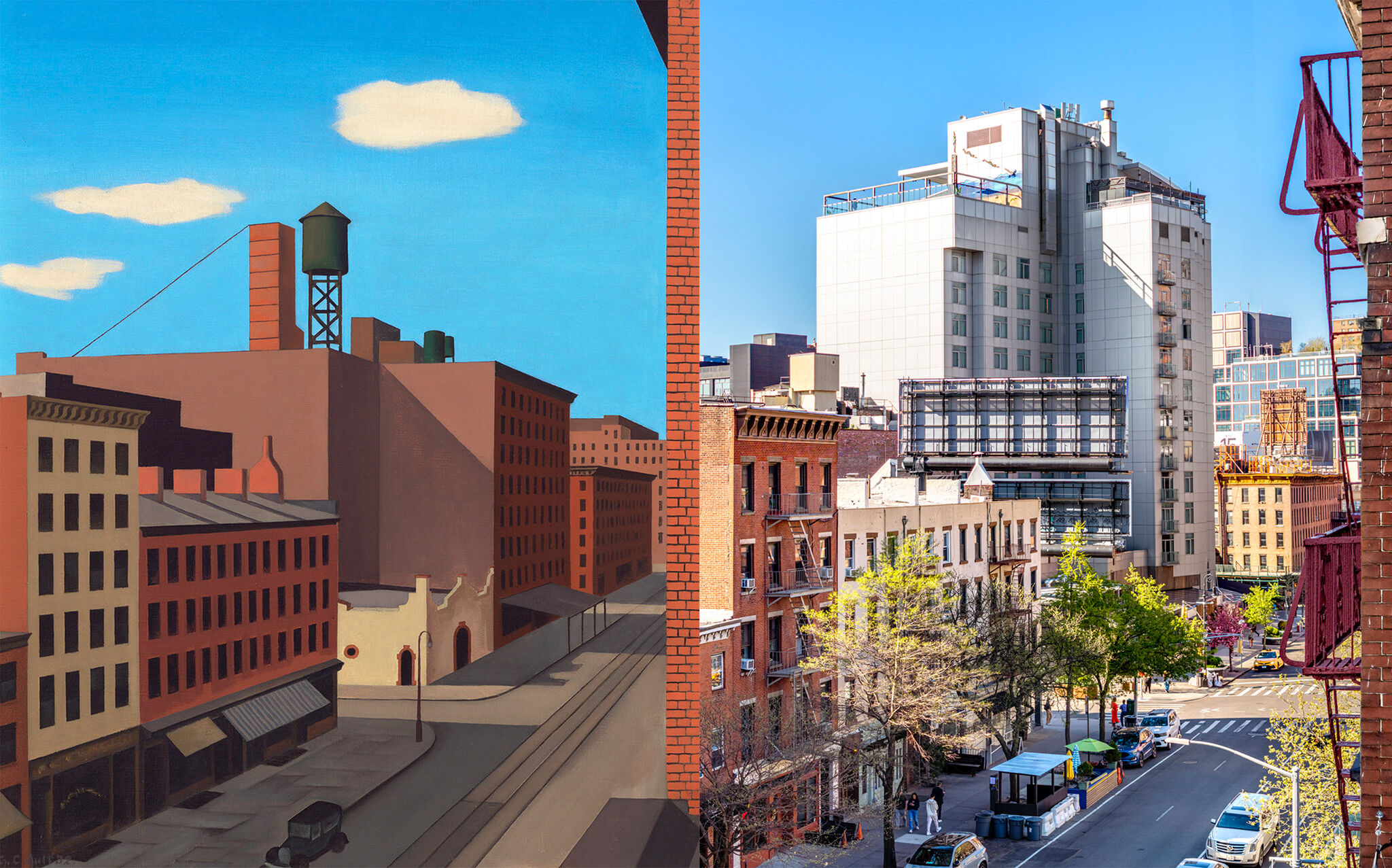Split view of a stylized painting of urban buildings on the left and a real urban street scene on the right.