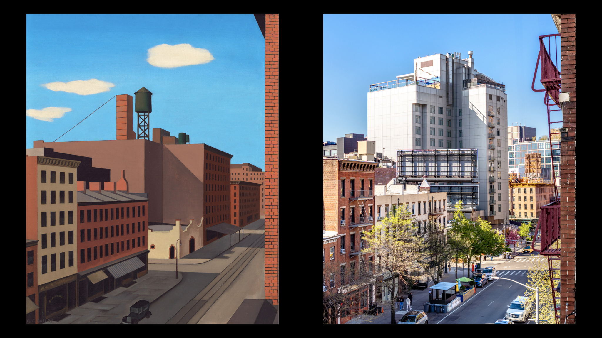 Side-by-side comparison of a painting and a photo of an urban street with buildings, water towers, and a clear blue sky.