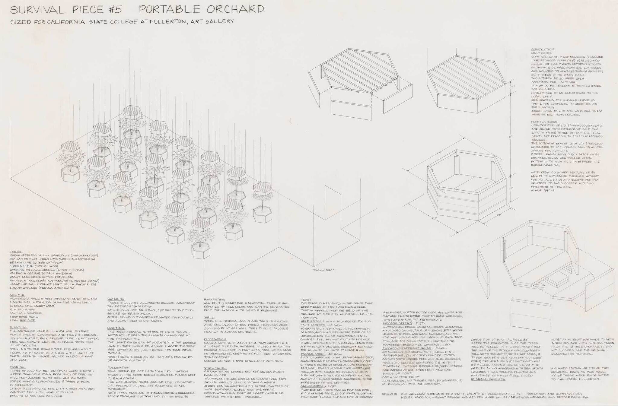 Diagram titled "Survival Piece #5 Portable Orchard" for California State College at Fullerton Art Gallery, showing tree layout, planter construction, and instructions.
