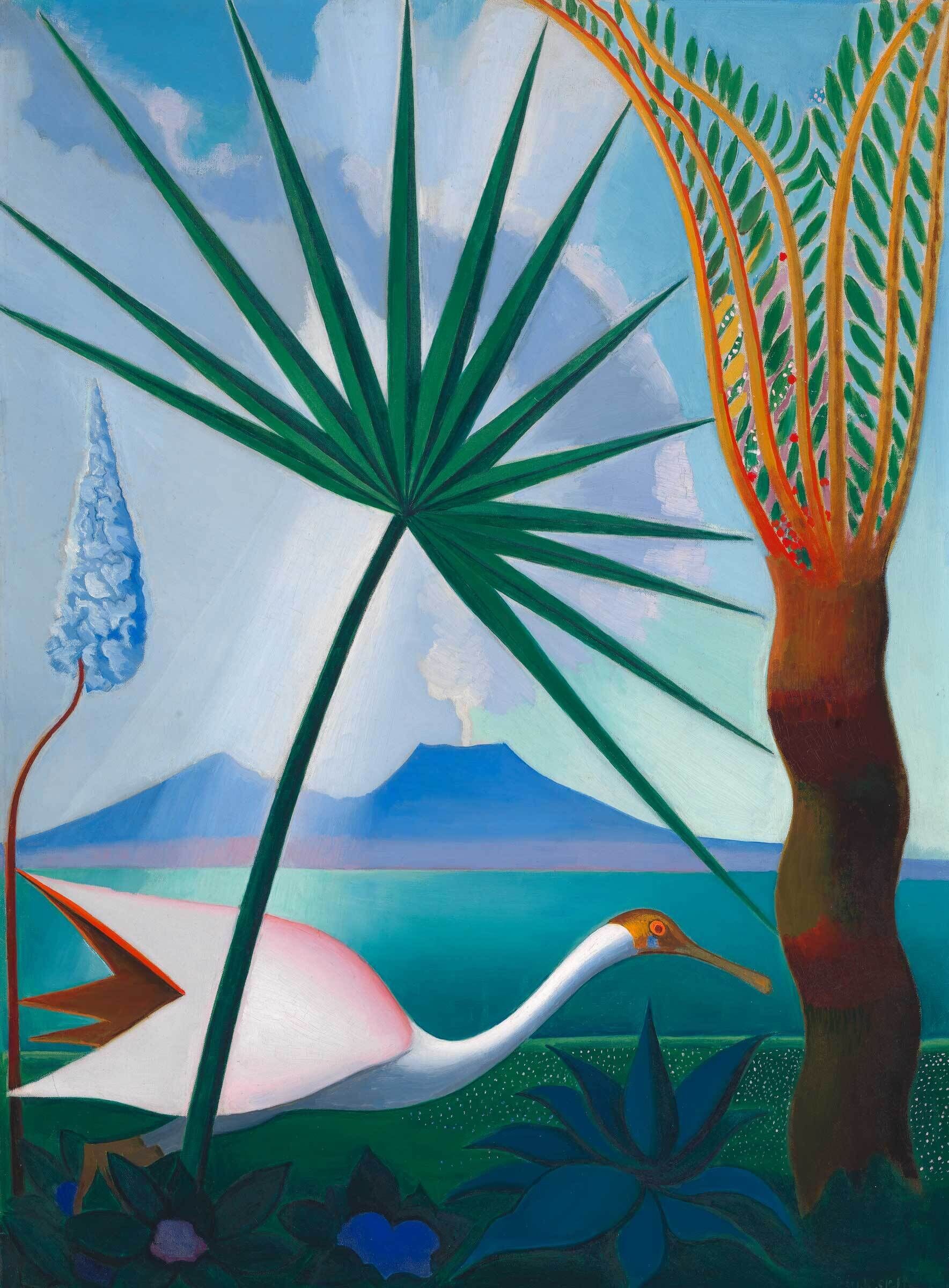 A stylized painting of a white bird with a long neck among tropical plants, with a blue mountain and sky in the background.