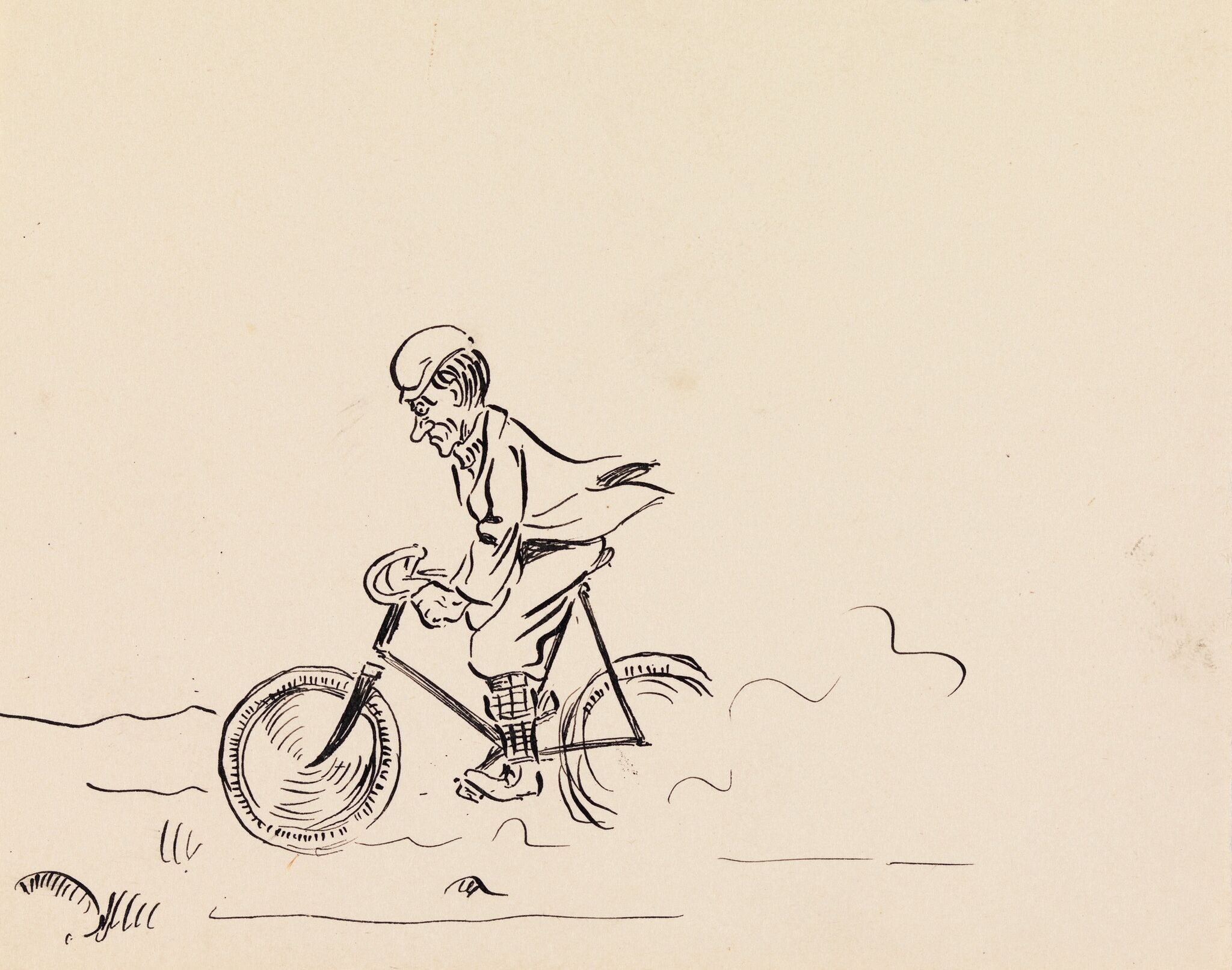 A sketch of a person riding a bicycle, wearing a helmet and plaid pants, with a determined expression, against a plain background.