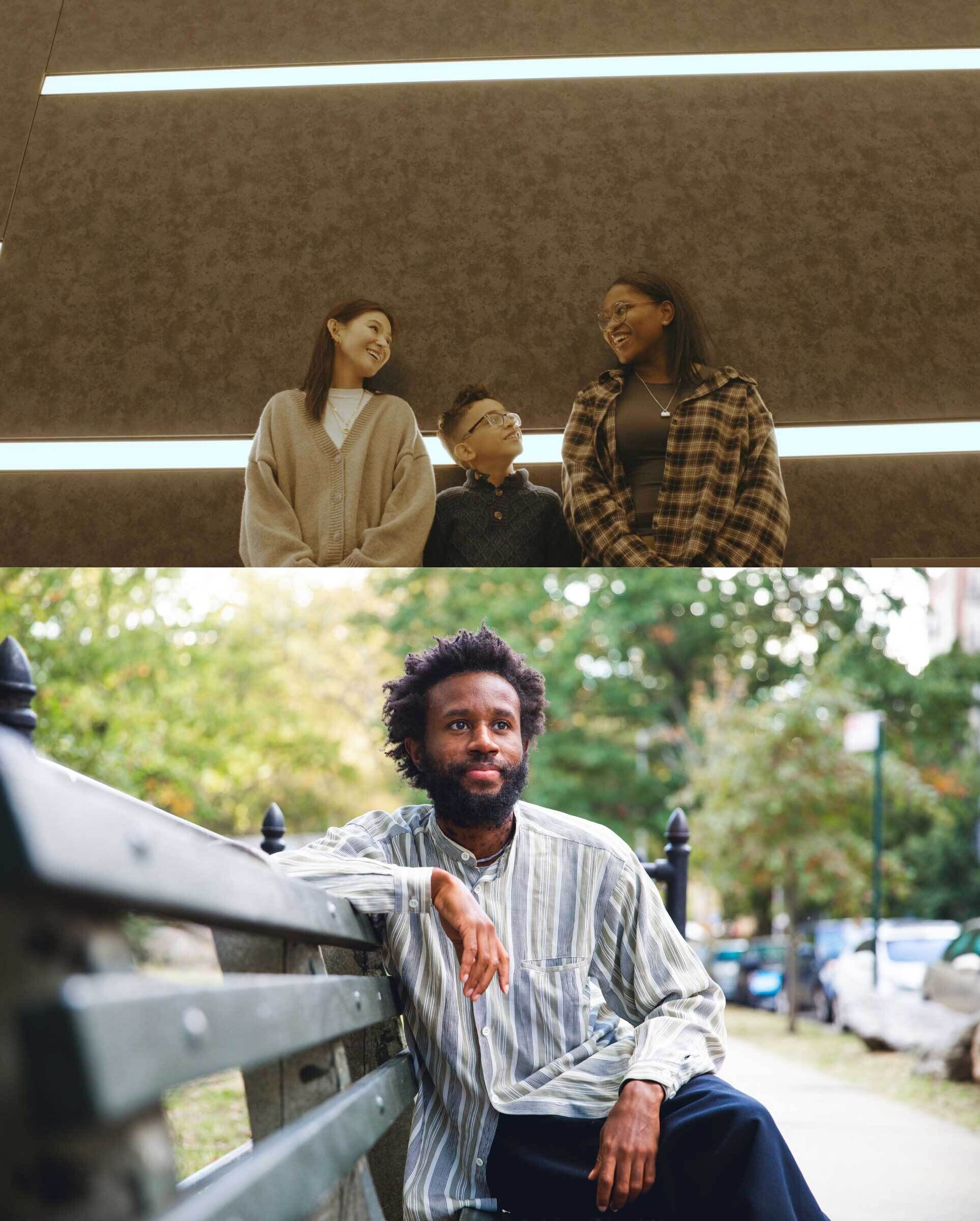 Two images: Top shows three people smiling and talking indoors. Bottom shows a man sitting on a park bench, looking thoughtful.