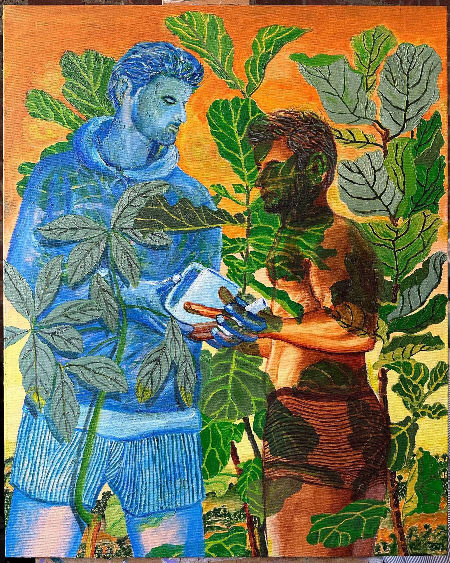 Two figures, one blue and one brown, stand amidst lush green foliage, holding a white object, with an orange sky in the background.