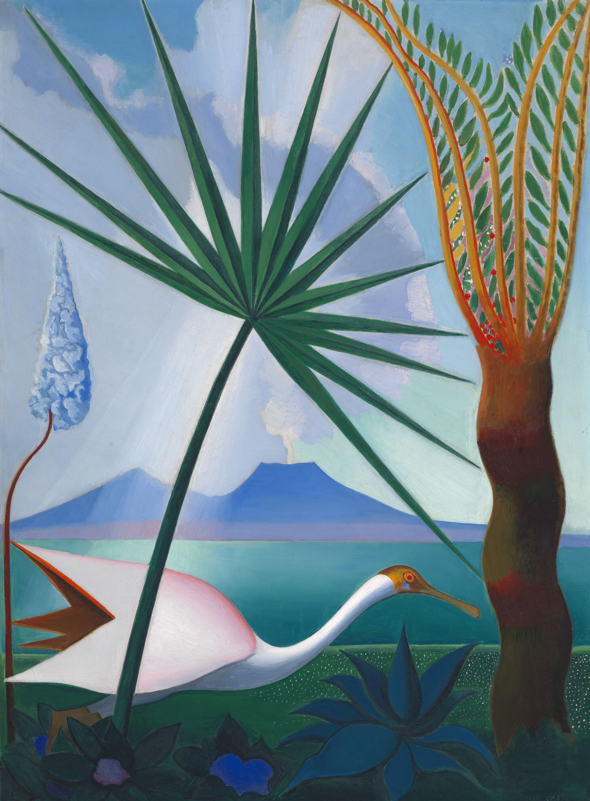 A painting of a white bird with a long neck among tropical plants, with a distant volcano and blue sky in the background.