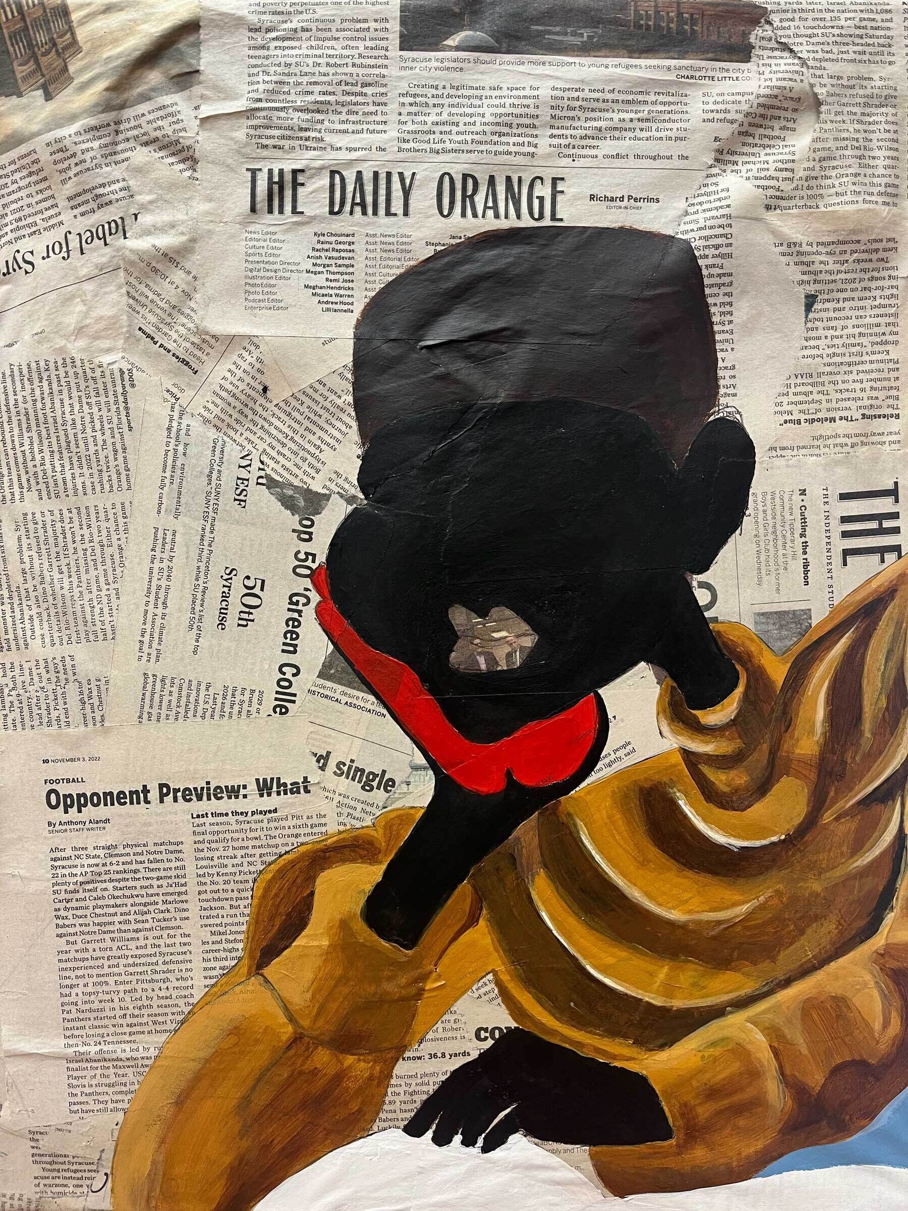 A painting of a person in a yellow jacket and red scarf, holding a camera to their face. The background is a collage of newspaper clippings.