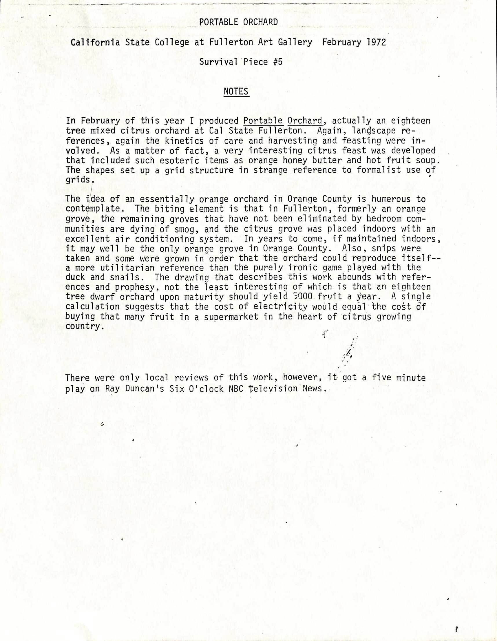 Typed notes titled "Portable Orchard" from California State College at Fullerton Art Gallery, February 1972, discussing an 18-tree citrus orchard installation.