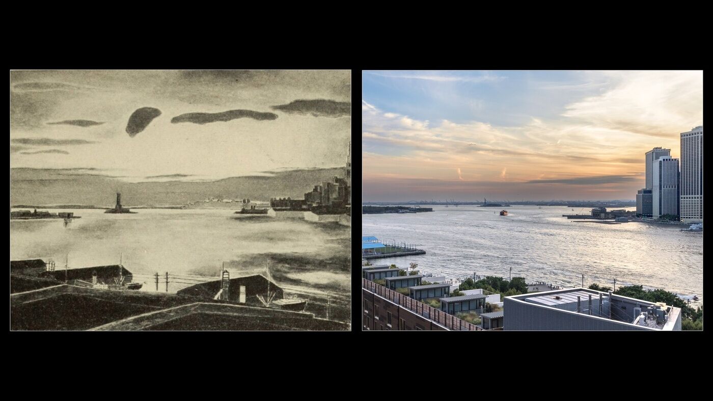 Side-by-side images of New York Harbor: a black-and-white historical view on the left and a modern color photo at sunset on the right.