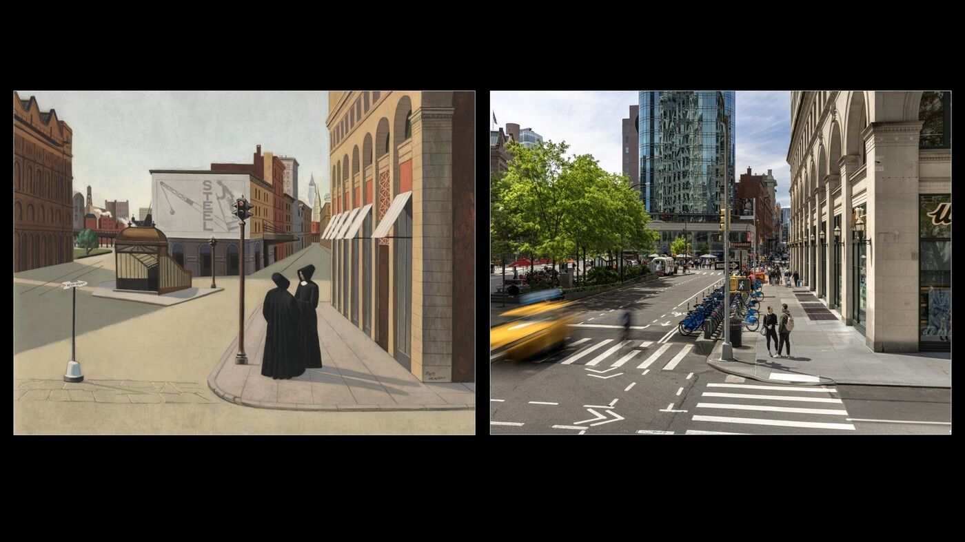 Side-by-side images: left, a painting of a quiet city street with two people in black; right, a modern city street with a yellow taxi and pedestrians.