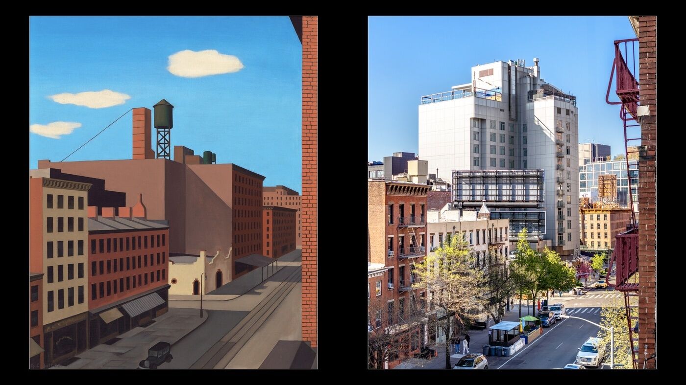Side-by-side images: a painting of a city street with water towers and a modern photo of a similar street with tall buildings and trees.