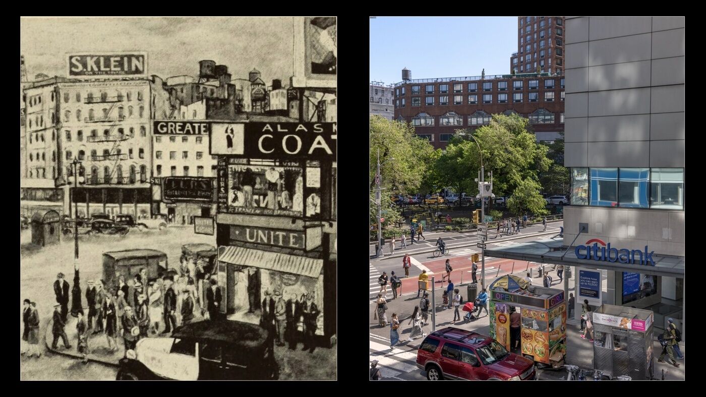 Side-by-side images of a historic city street scene with old cars and a modern city street with pedestrians, trees, and a Citibank building.
