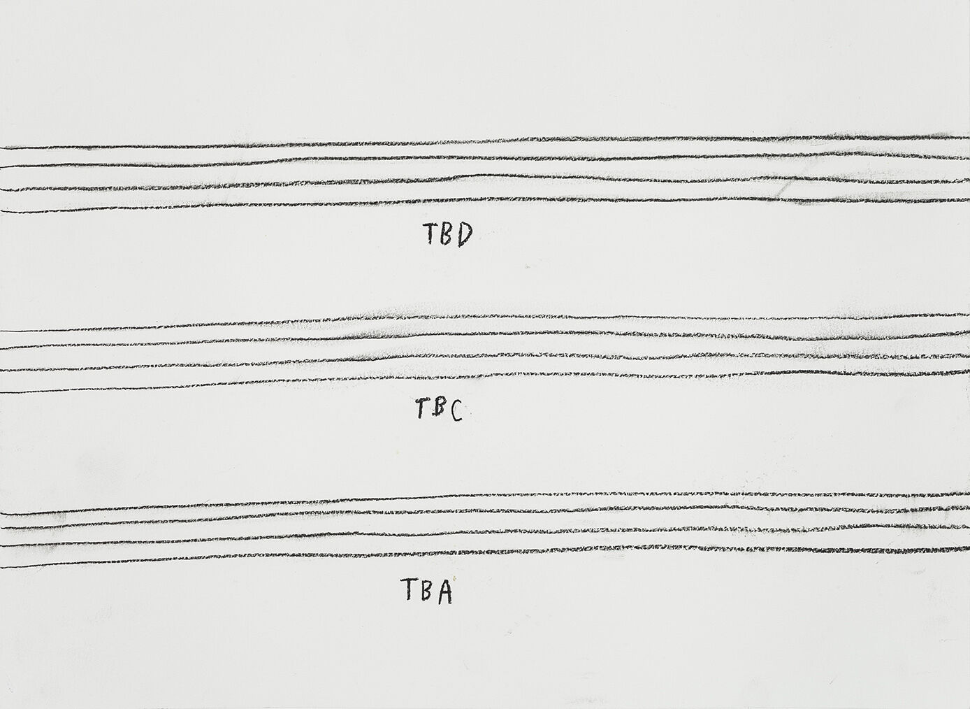 Three sets of parallel black lines on a white background, labeled "TBD," "TBC," and "TBA" from top to bottom.
