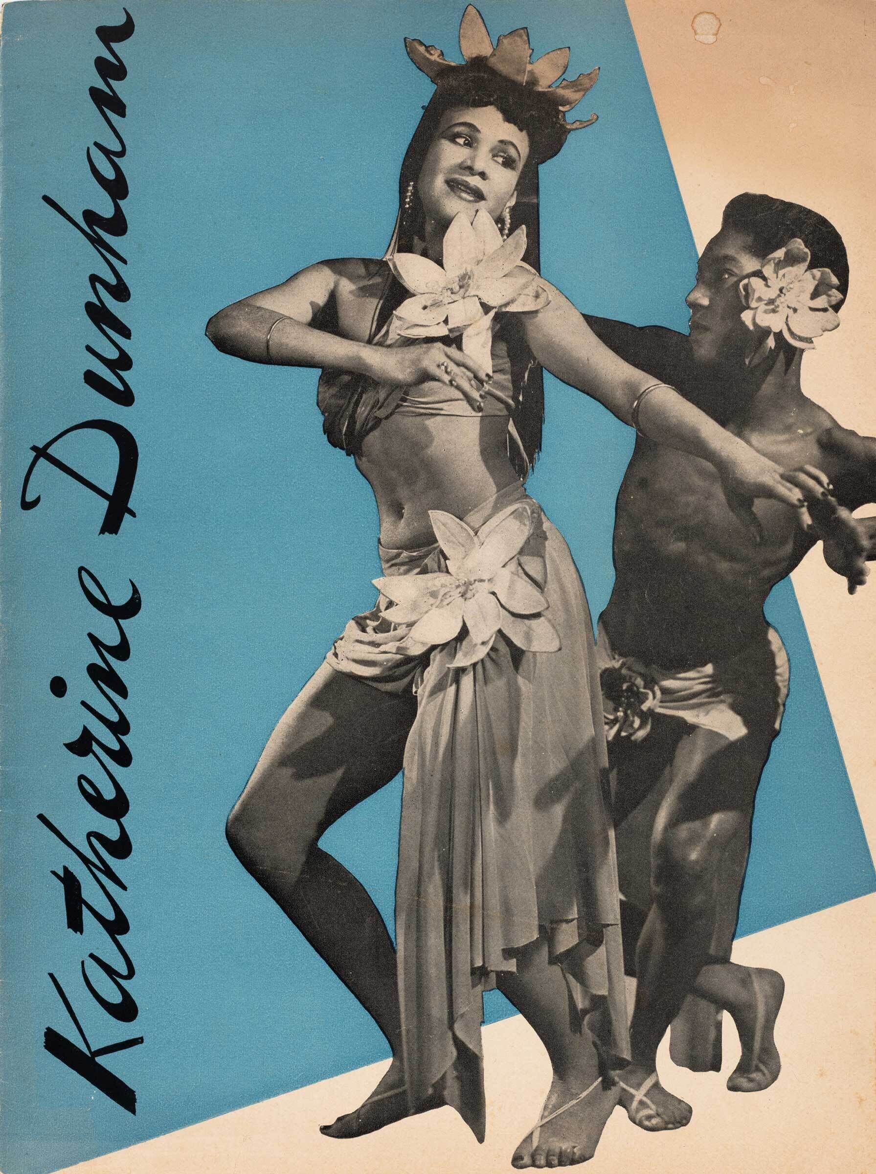 The cover of a printed program for Katherine Dunham's Tropical Revue performance. A black and white photograph of two dancers, a woman and a man, adorned with flowers in the hair, collaged against a blue trapezoid.