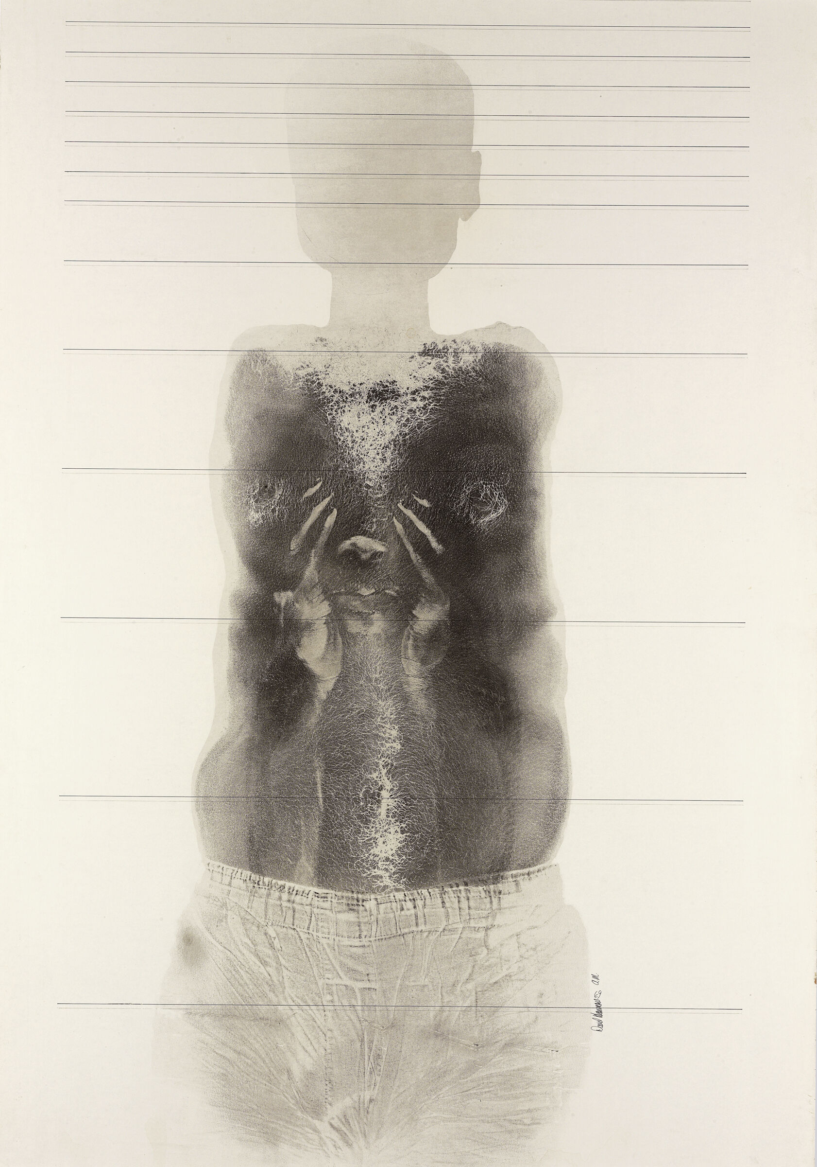 An image of a slightly transparent human torso, revealing a face and hands within. The background features horizontal lines.