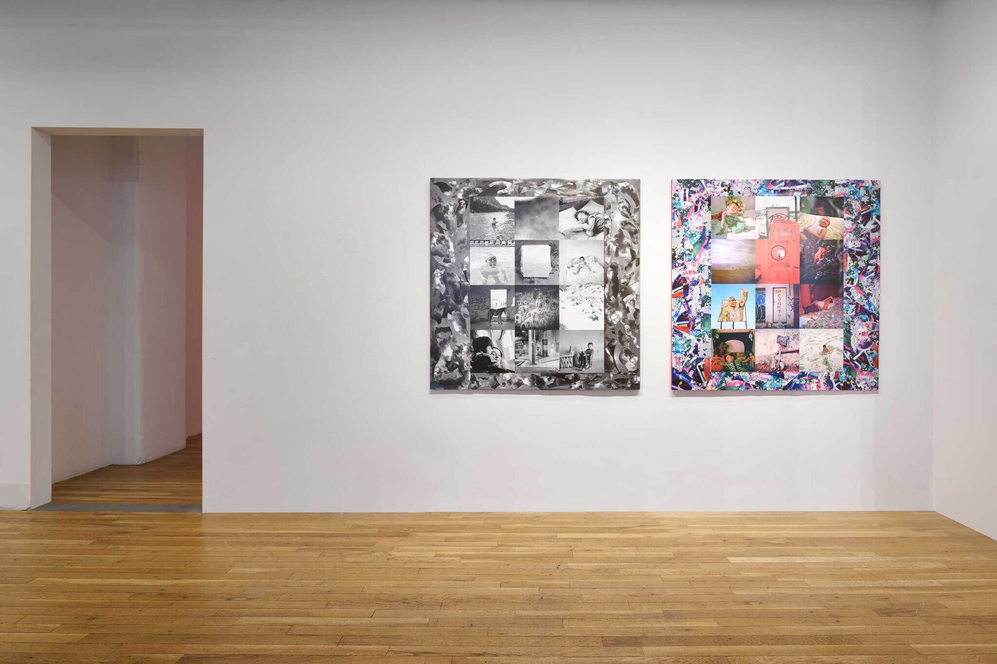 Two colorful collage artworks hang on a white wall in a gallery with wooden floors and an open doorway to the left.