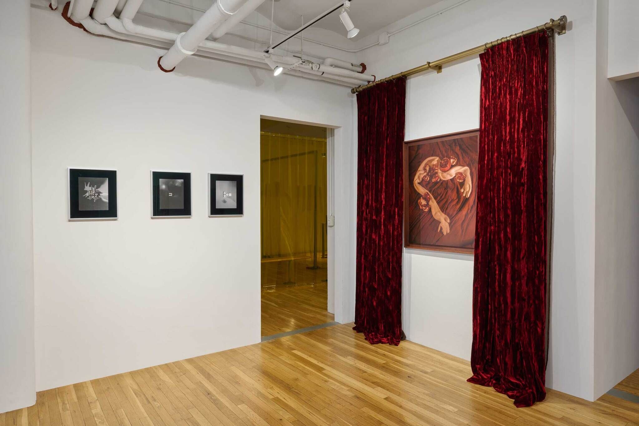 Art gallery with three framed black-and-white photos on the left wall and a large painting with red curtains on the right. Wooden floor.