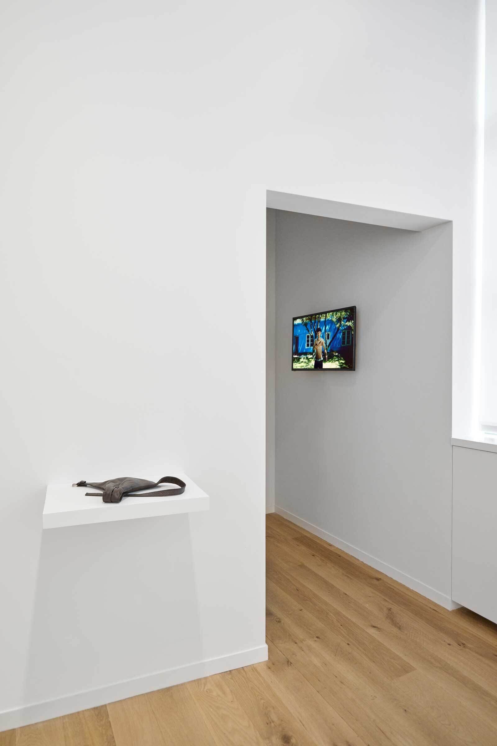 A small white shelf with a dark object on it, next to a doorway leading to a room with a wall-mounted screen displaying an outdoor scene.