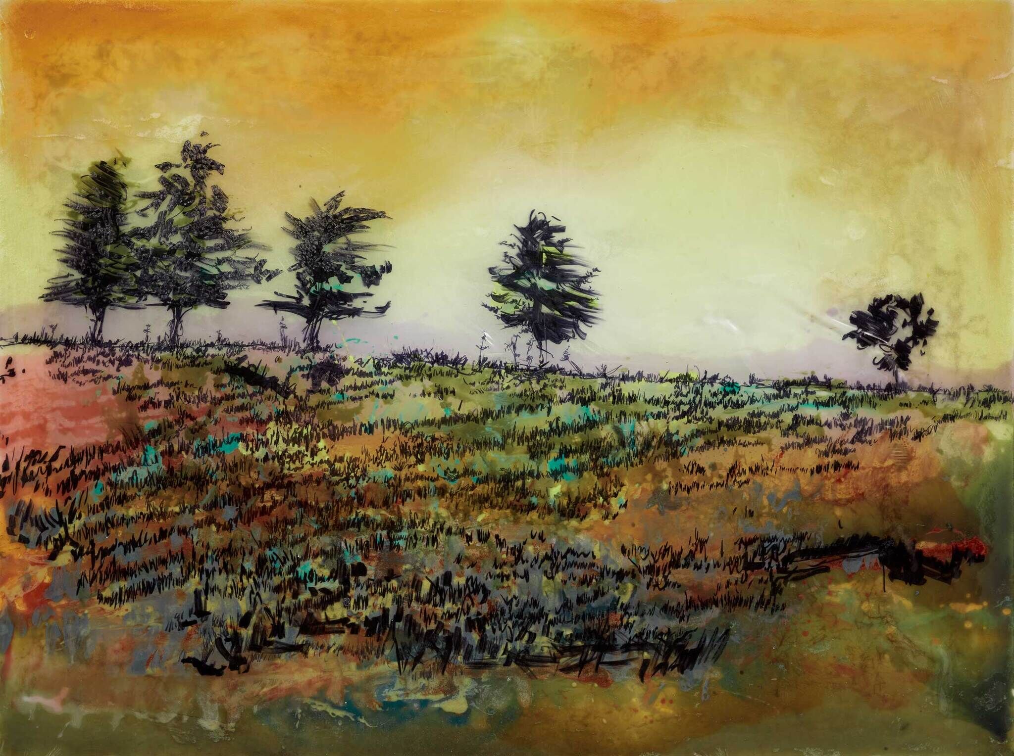 A colorful, abstract landscape painting with a few trees scattered across a grassy field under a yellow-orange sky.