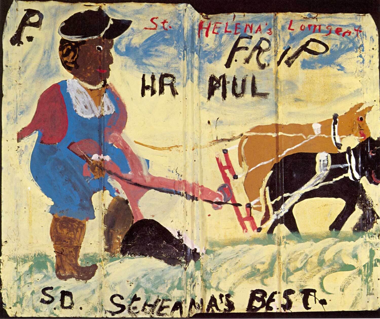 Colorful folk art painting of a person in blue overalls and a hat, plowing a field with two oxen. Text reads "St. Helena's Best."