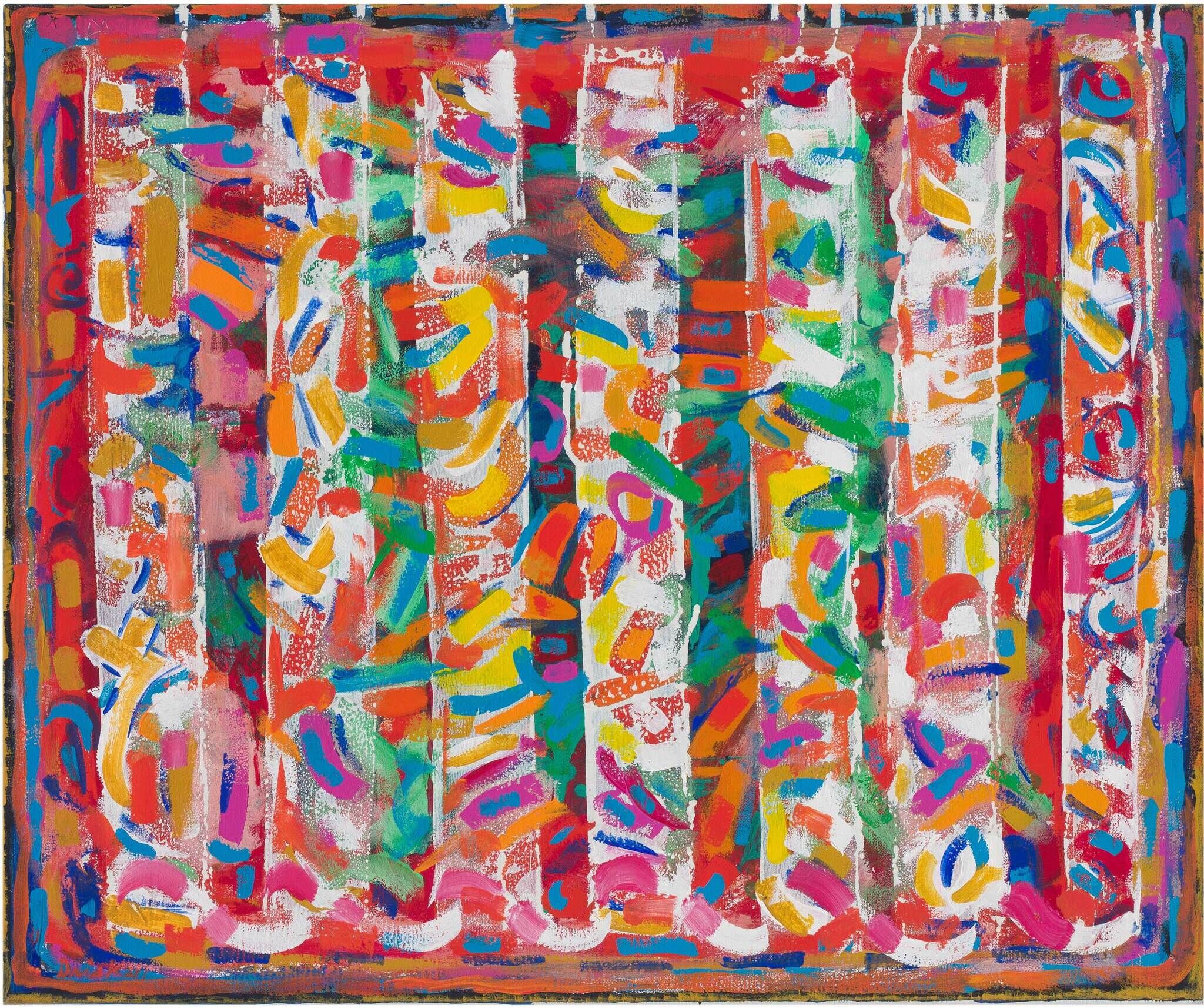 Abstract painting with vibrant colors, featuring vertical stripes and swirling patterns in red, orange, green, blue, and white.