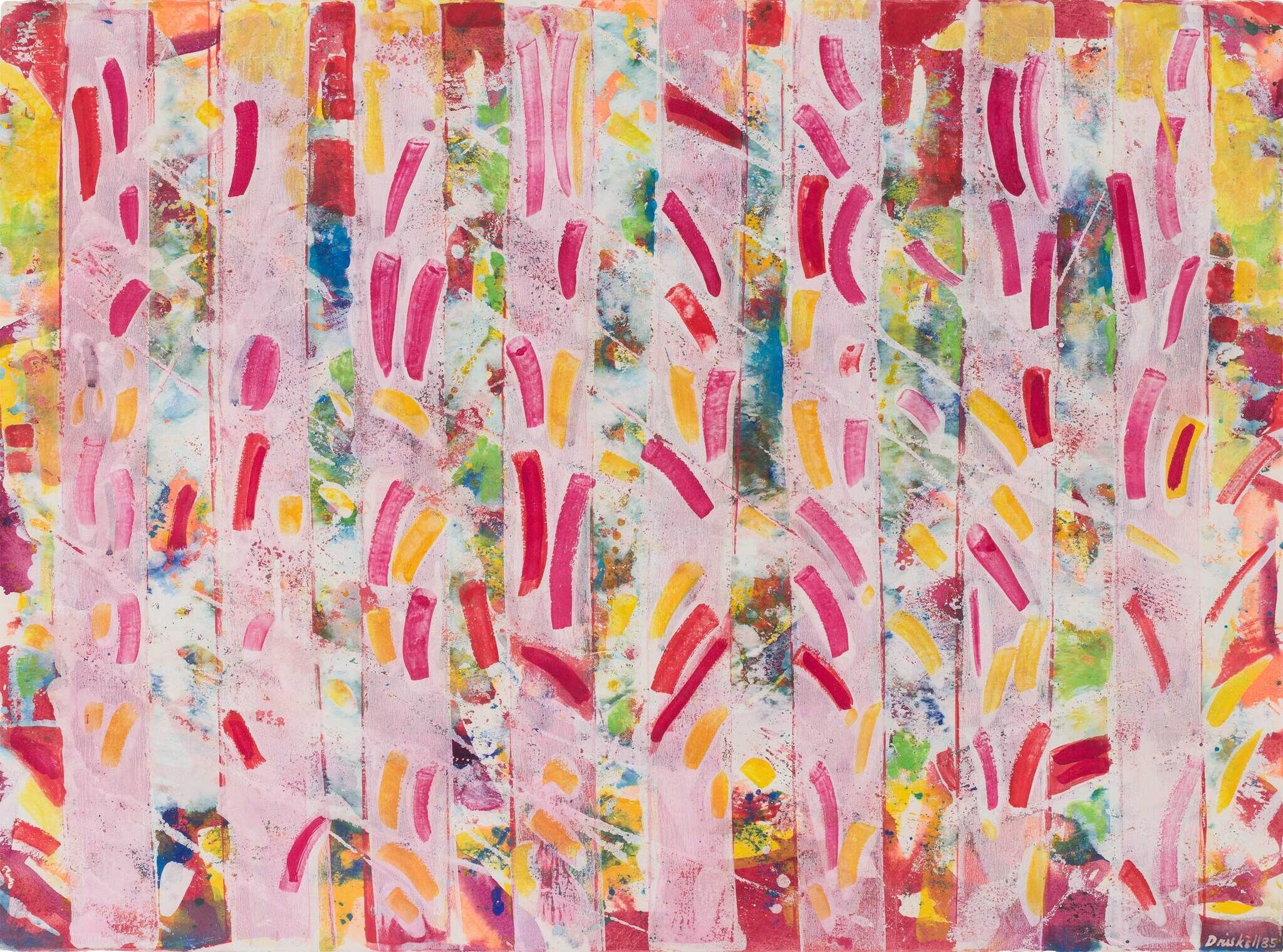 Abstract painting with vertical pink stripes and colorful brushstrokes in red, yellow, and blue. The background features a mix of vibrant colors.