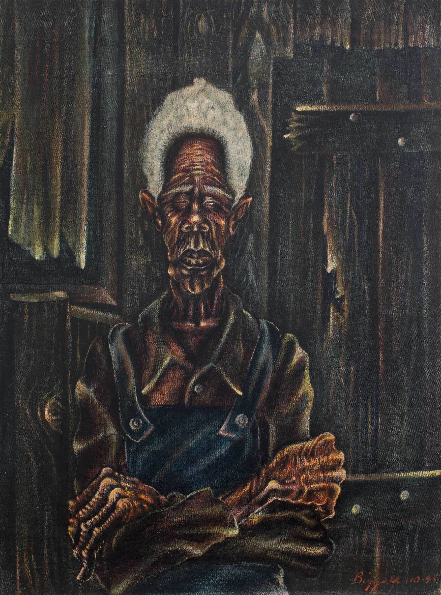 Painting of an elderly person with white hair, wearing a dark shirt and overalls, standing against a wooden background with arms crossed.