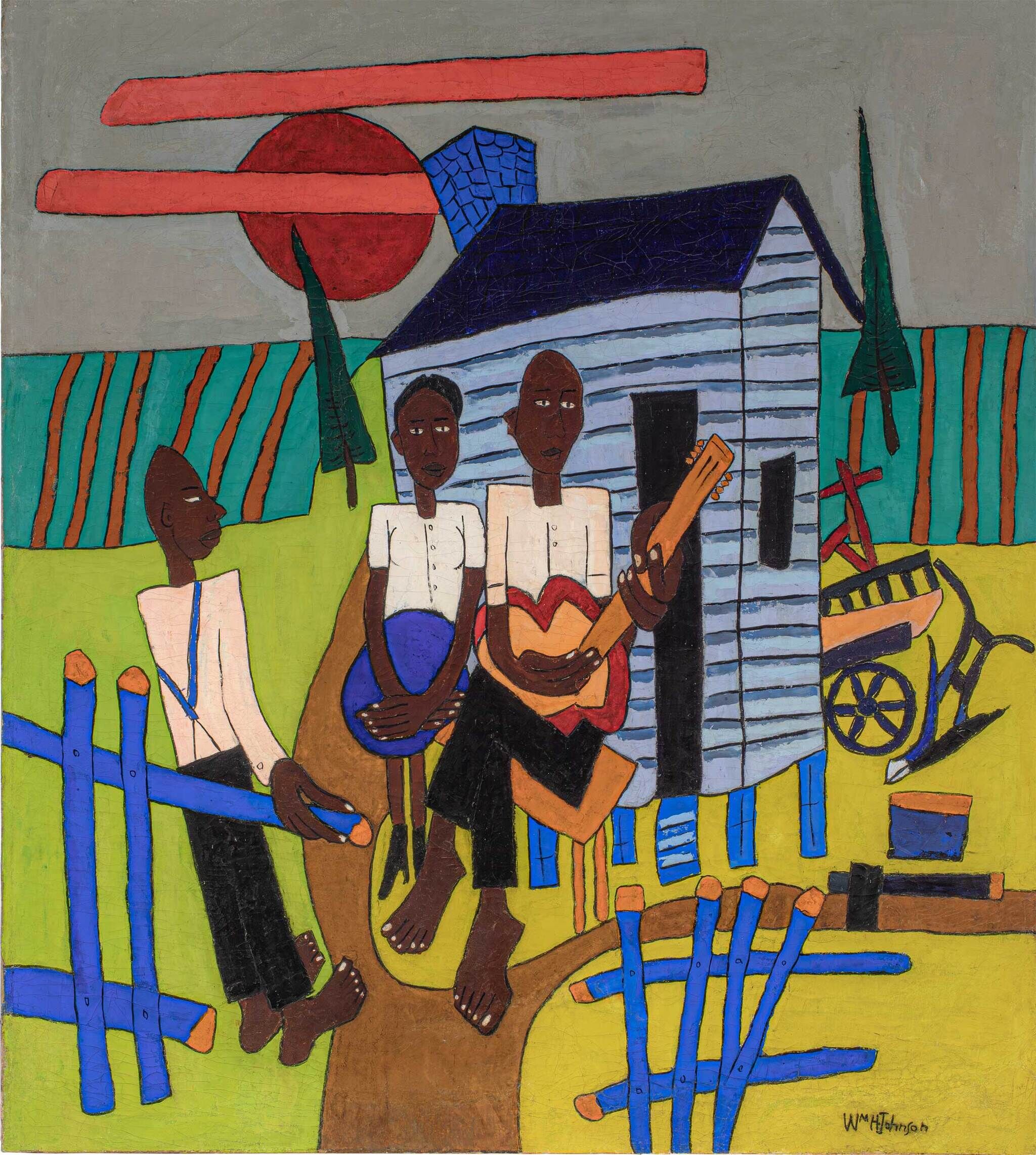 Three people sit outside a house, one playing a guitar. A fourth person leans on a blue fence. A red sun and trees are in the background.