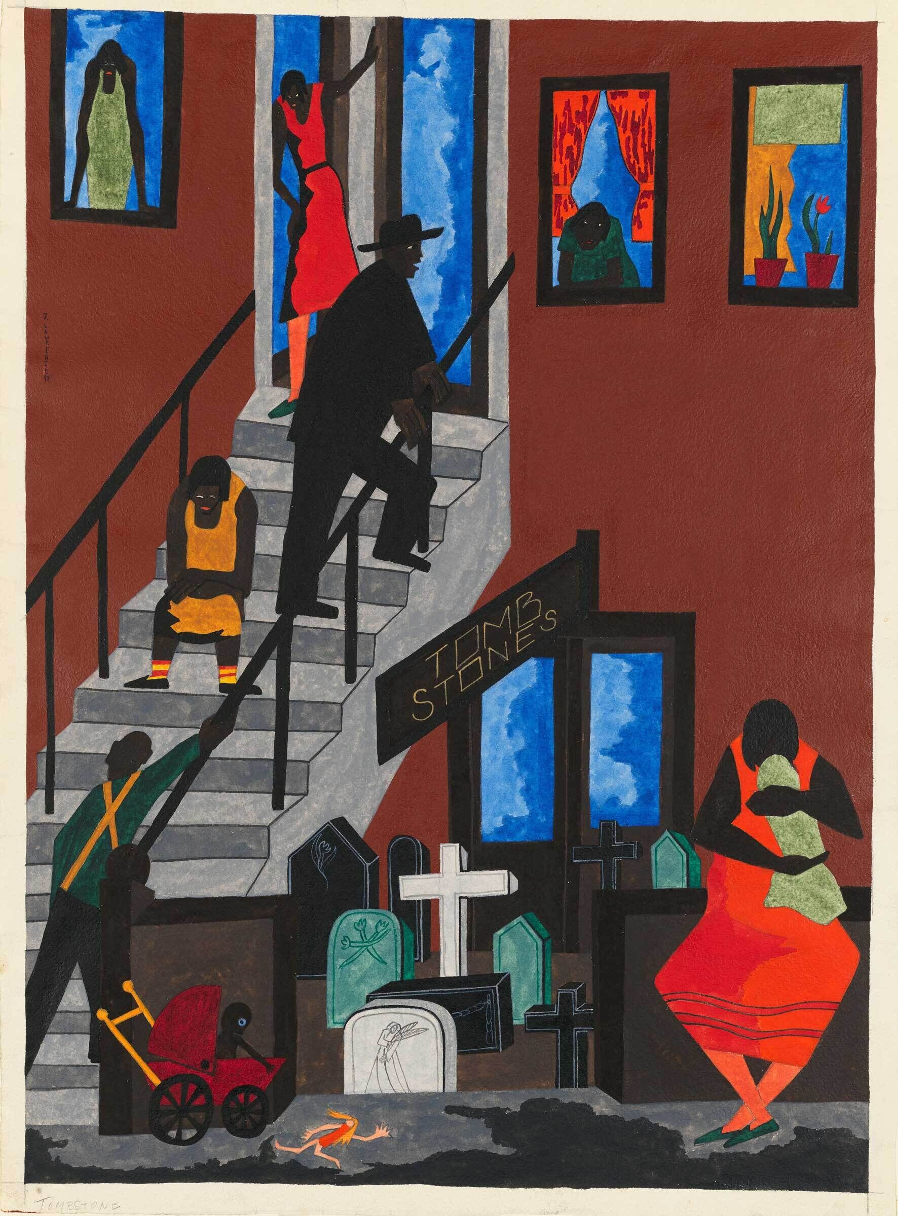 A colorful painting depicts people on stairs and around a building with tombstones. A woman in red holds a baby, and a red stroller is nearby.