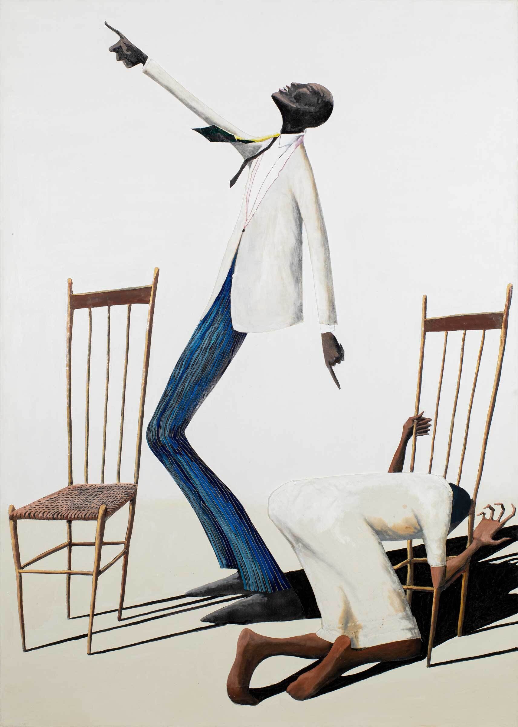 Two figures, one standing and pointing upward, the other kneeling and grasping a chair. Both are dressed in white, with a minimalist background.