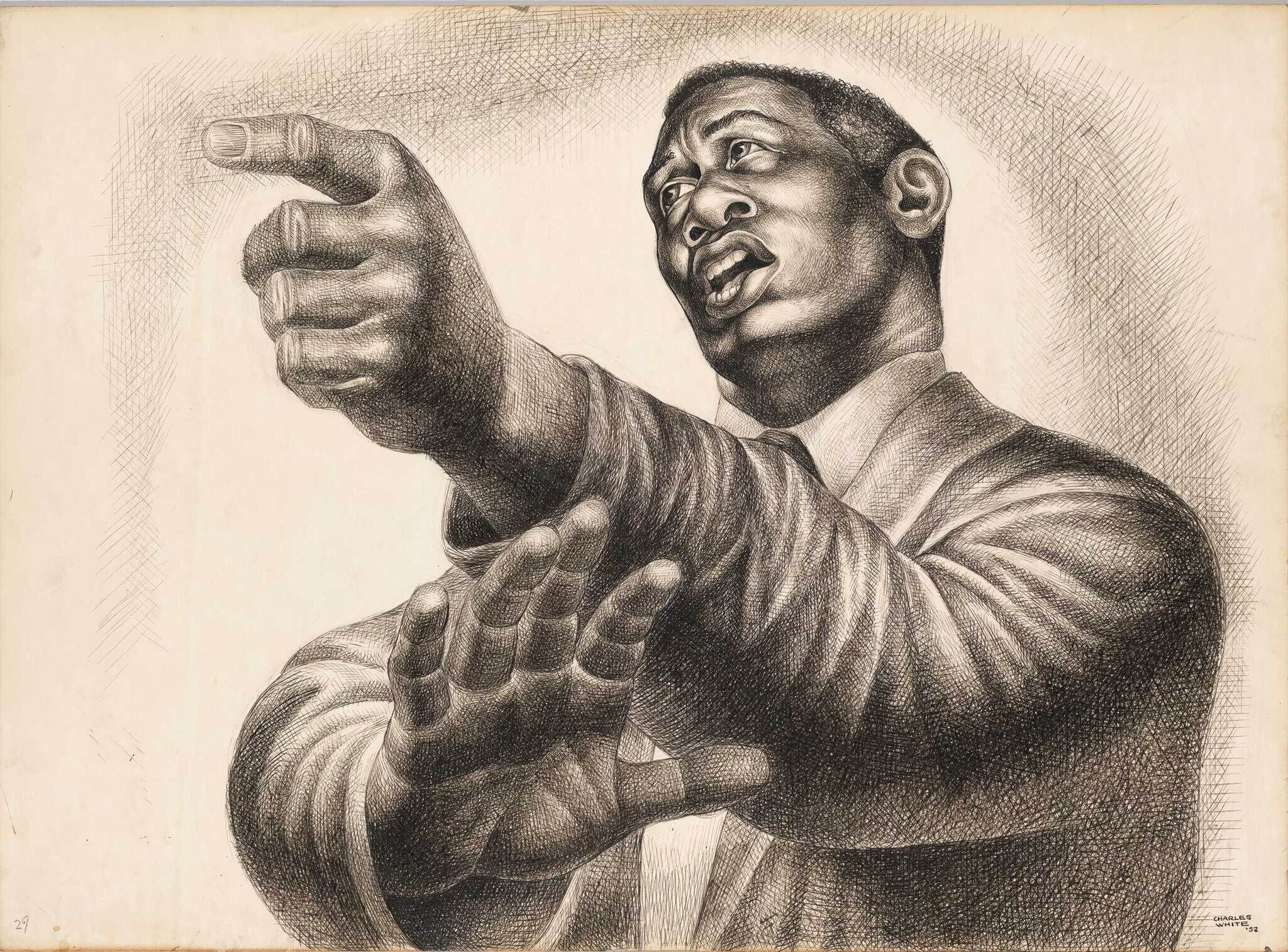 Detailed drawing of a man in a suit, passionately gesturing with one hand pointing forward and the other hand open, by Charles White.