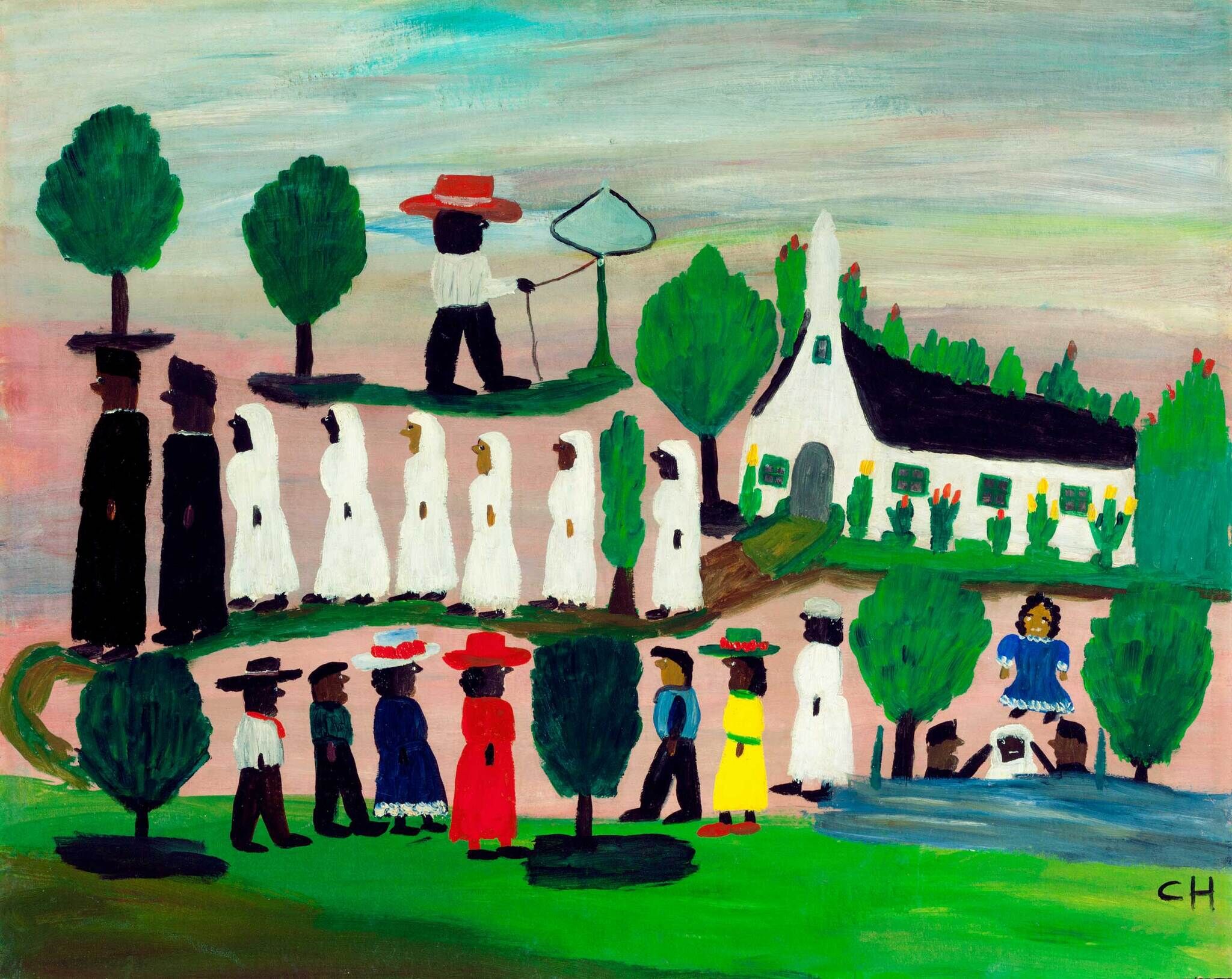 Colorful painting of people in white robes and black hats walking towards a white church, with trees and a person in a blue dress in the foreground.