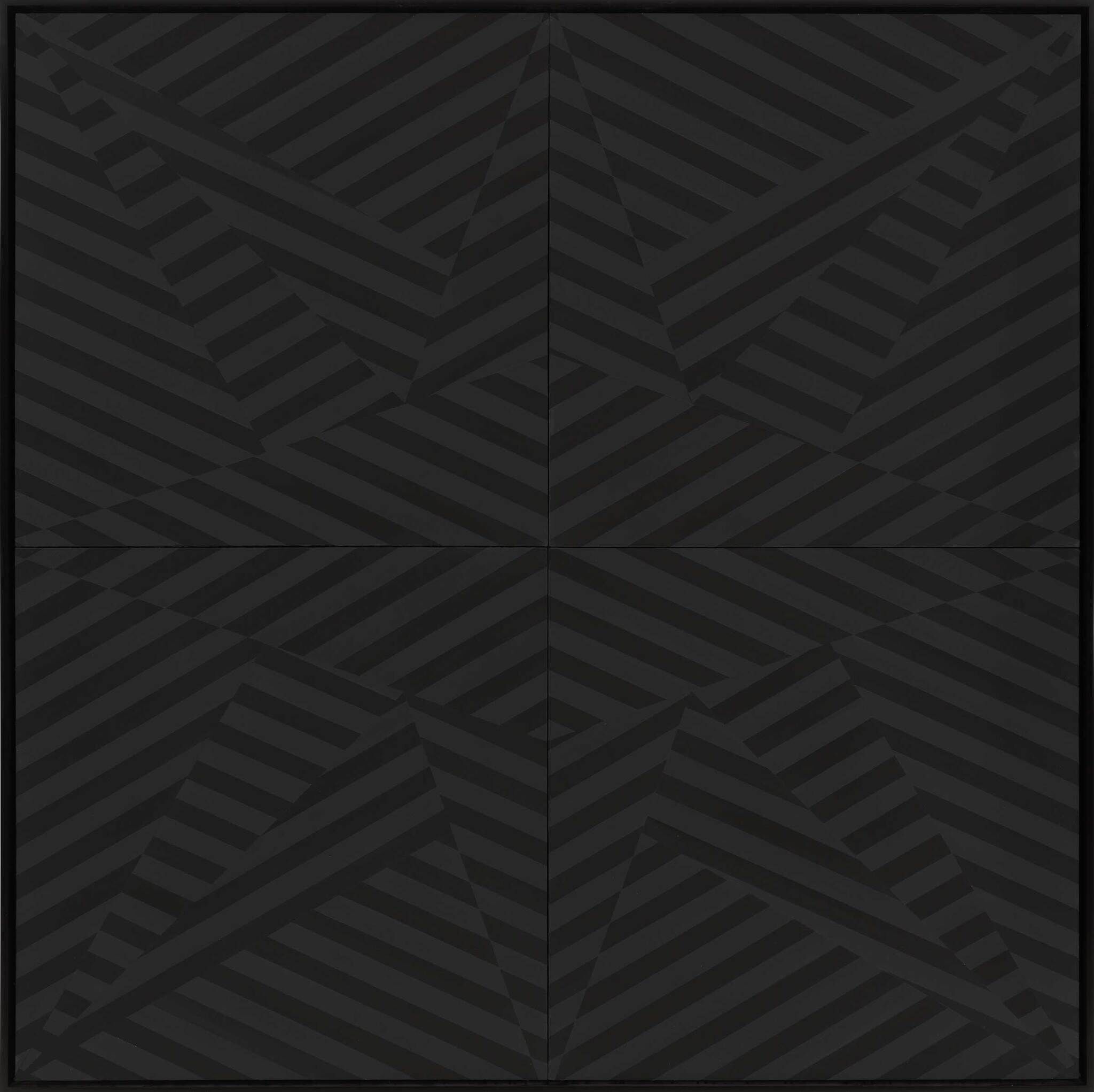 A geometric pattern of black and dark gray diagonal stripes forming triangles and intersecting lines, creating a symmetrical design.