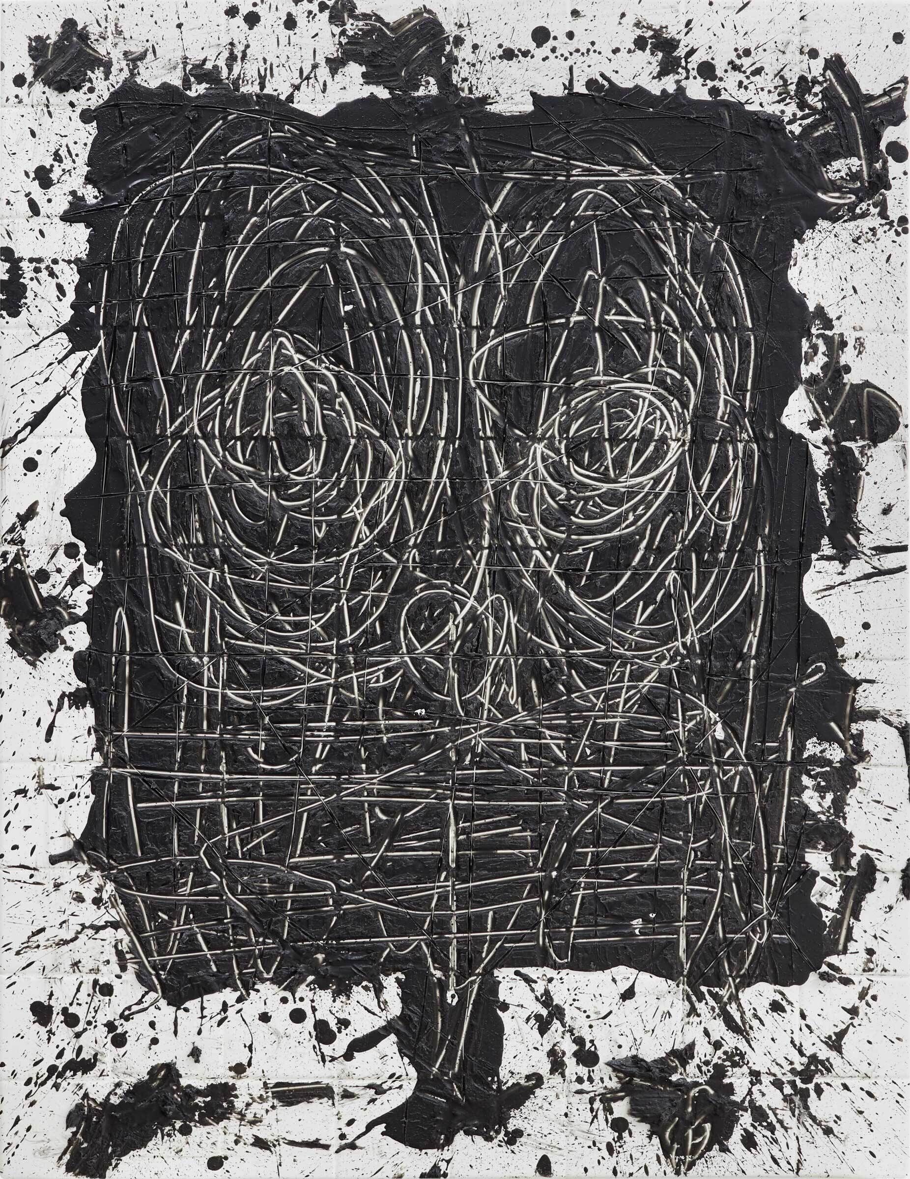 Abstract painting with chaotic black and white lines and splatters, forming a rough, face-like shape on a white background.