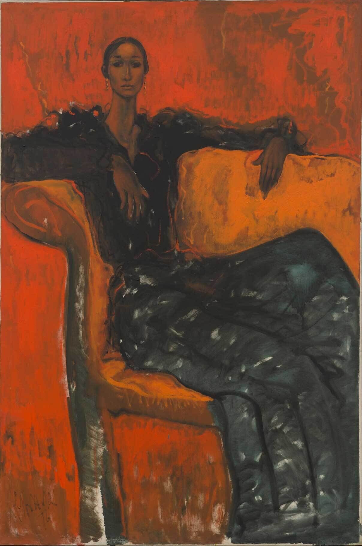 A painting of a person in dark clothing sitting on an orange chair against a vibrant red background, with a calm and composed expression.