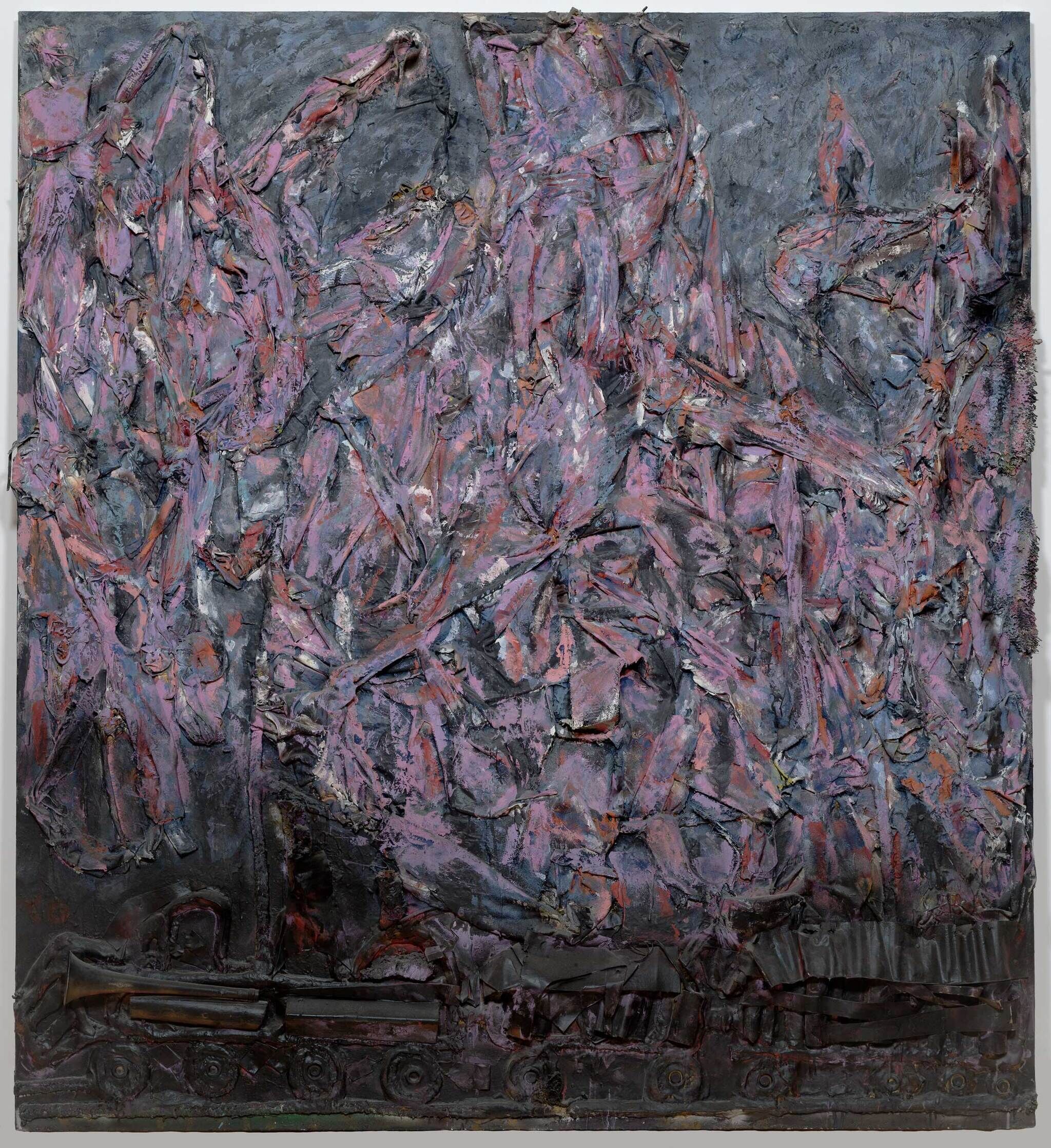 Abstract painting with thick, textured layers of pink, purple, and gray. The bottom features dark, indistinct shapes resembling machinery or vehicles.