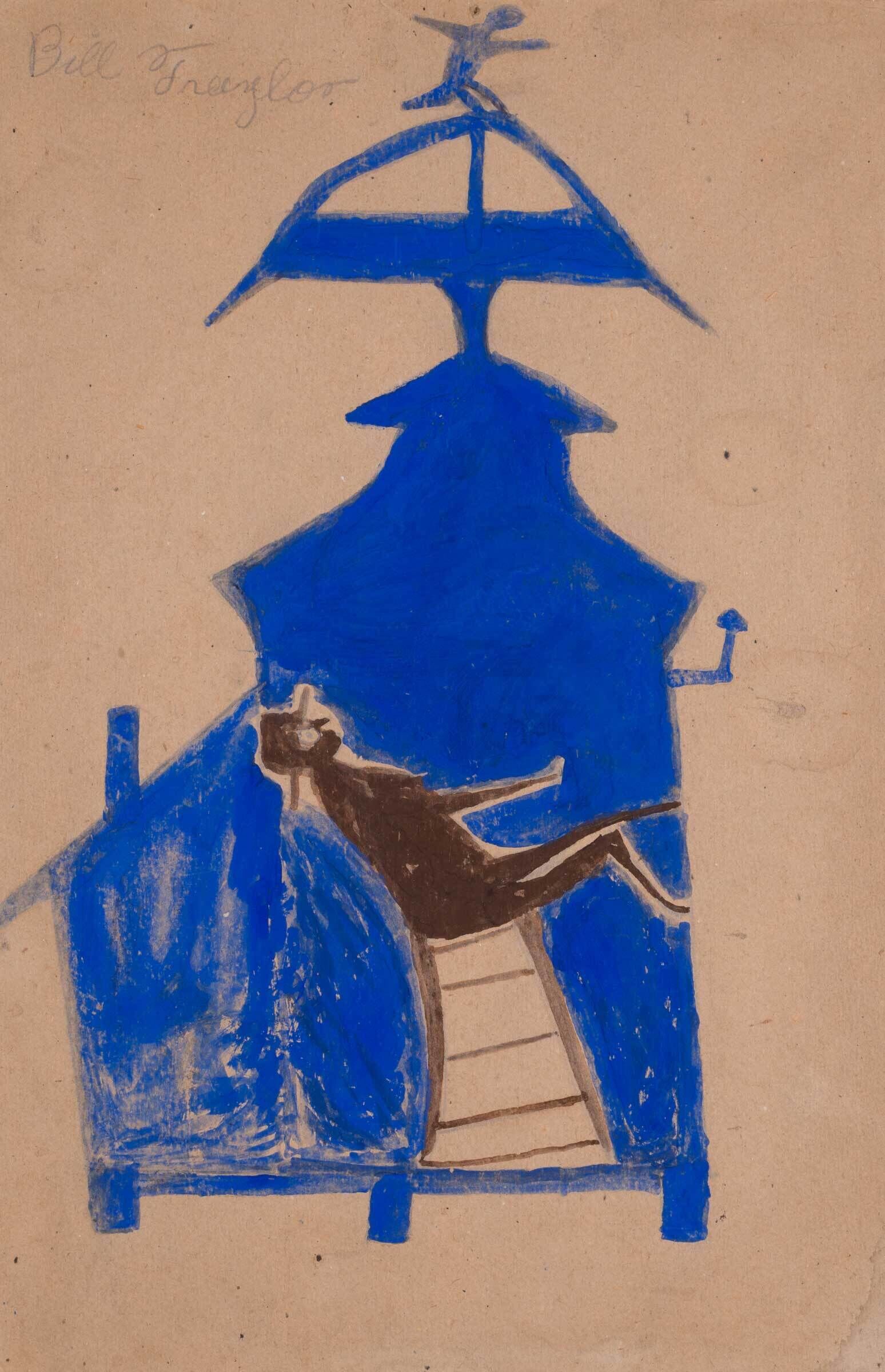 A blue abstract structure with a figure climbing a ladder and another figure balancing on top. The name "Bill Traylor" is written at the top.