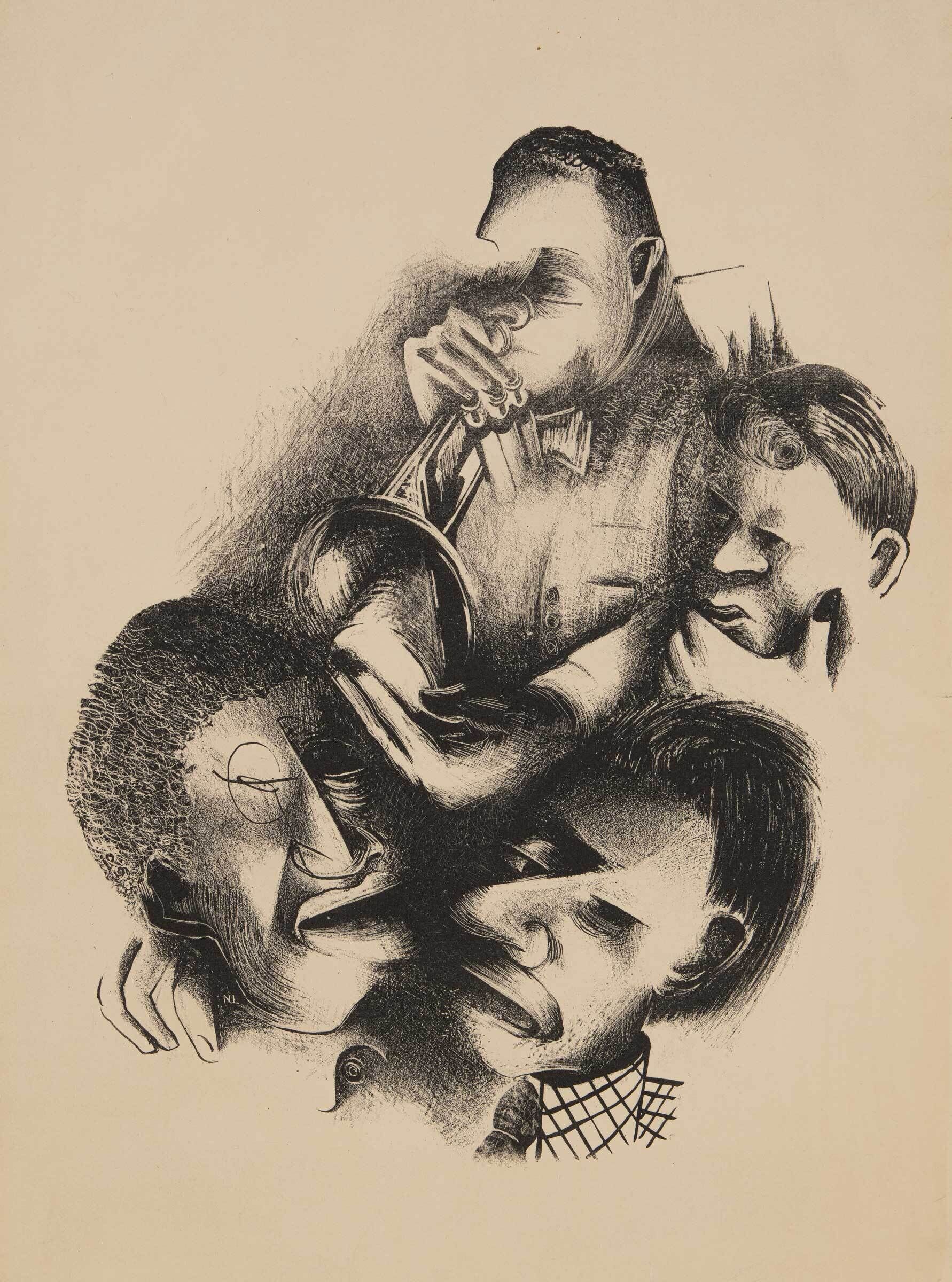 Abstract drawing of four men, one playing a trumpet, with exaggerated facial features and expressions, rendered in black ink on a beige background.